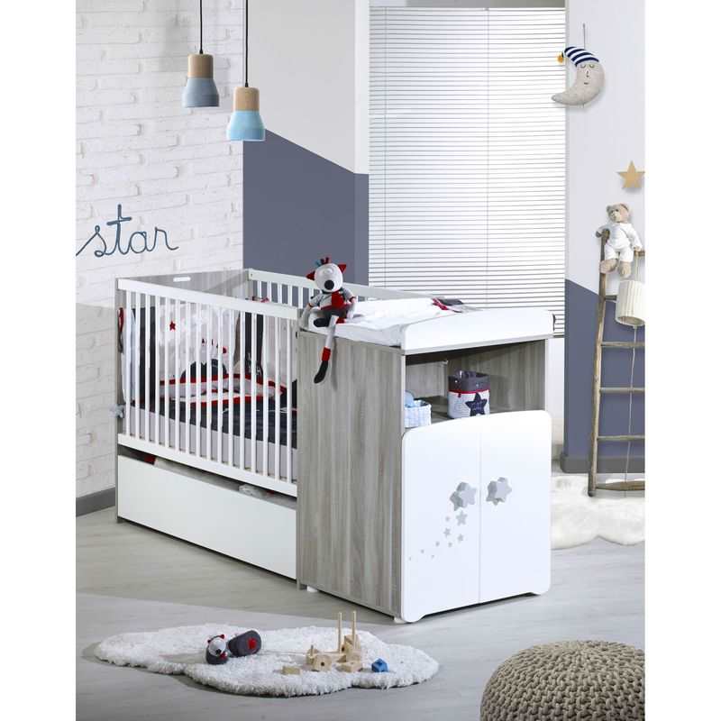 Lit bébé combiné évolutif 120x60 en 90x190 sérigraphié fumé Nao