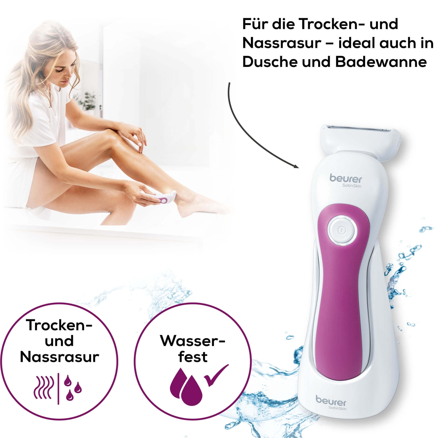 Beurer Rasierer HL 36-Damenrasierer mit Peeling-, Gleit- & 2 Trimmaufsätzen für Nass- & Trockenrasur