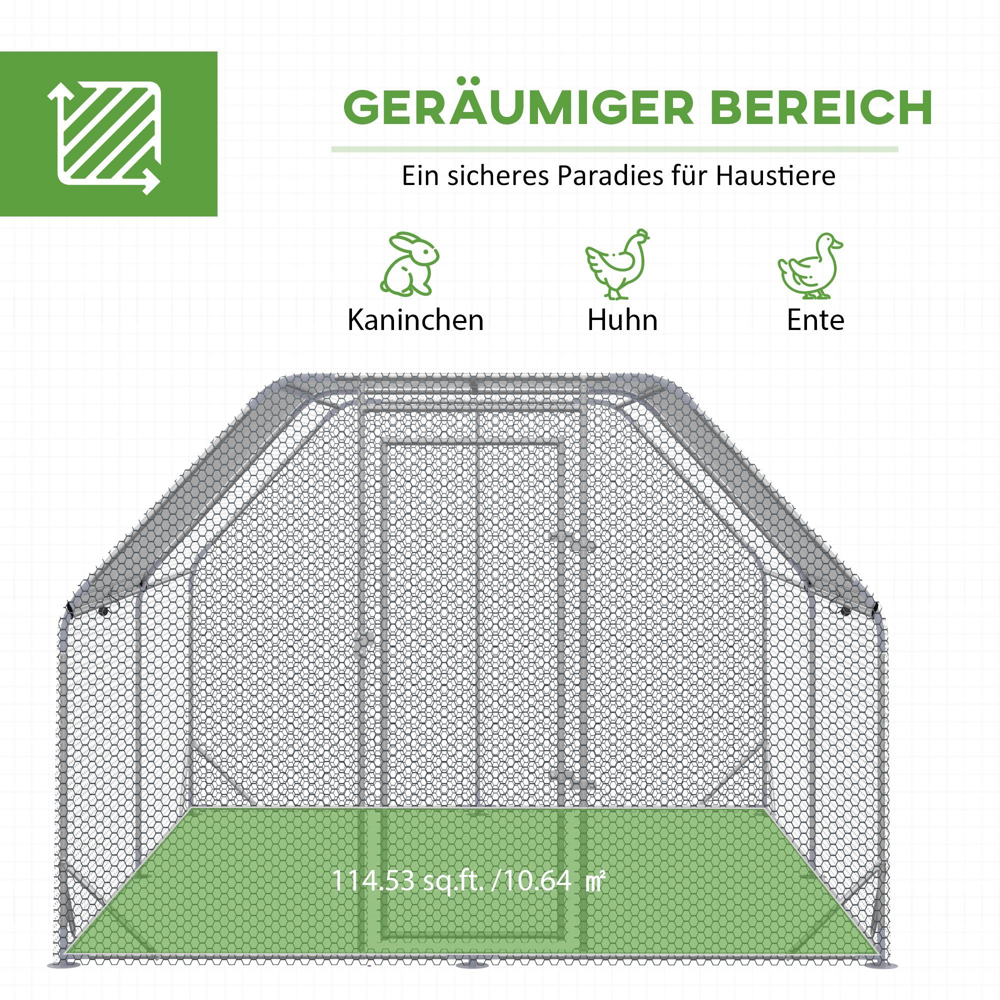 PawHut Hühnerstall 280x380x195cm Freilaufgehege, Hühnerkäfig mit Tür, Sonnenschutzdach, Geflügelstall für 10-12 Hühner, Oxford, Silber