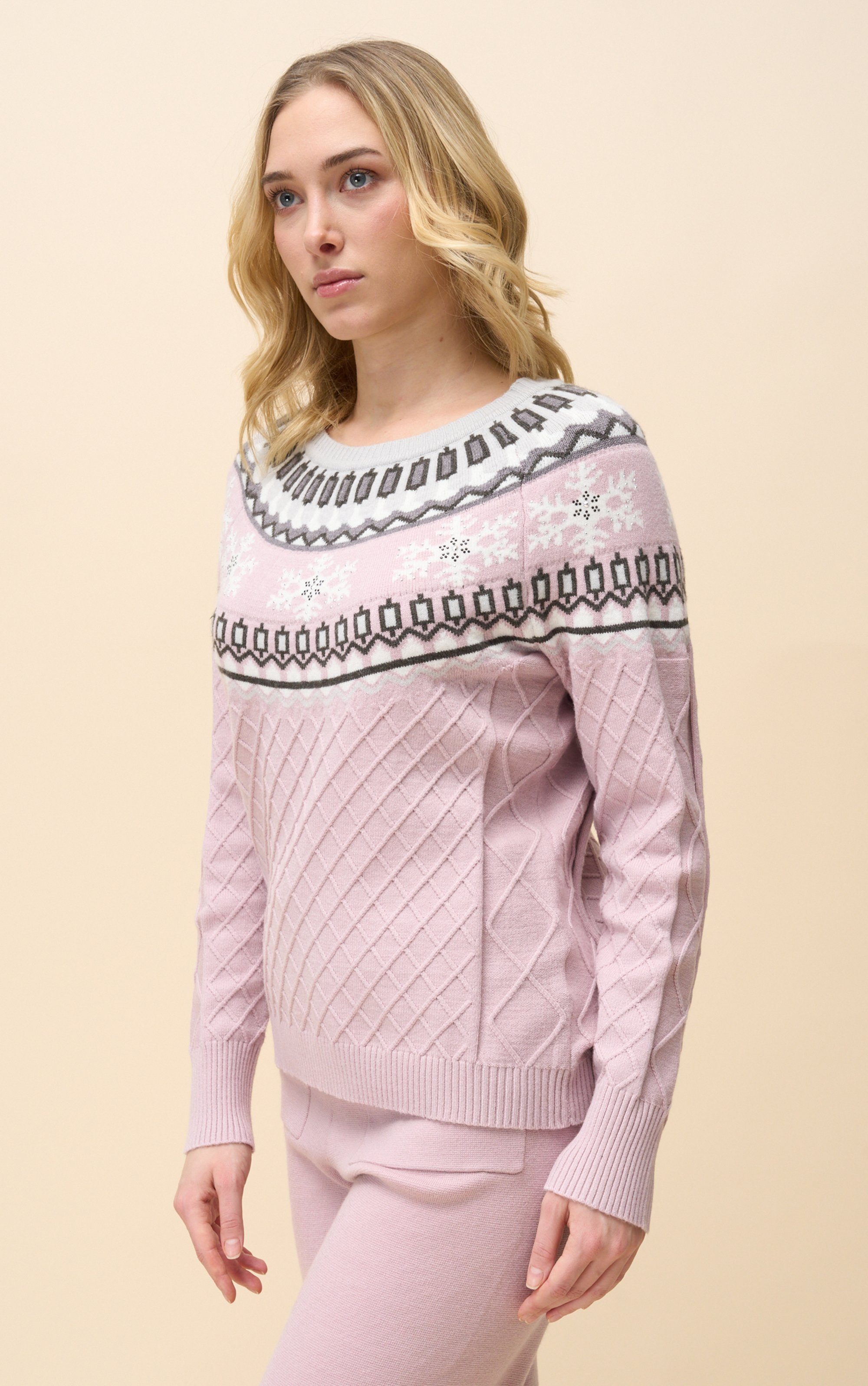 Passioni Norwegerpullover Strickpullover Norweger Style Rosa mit verschiedenen Strickarten