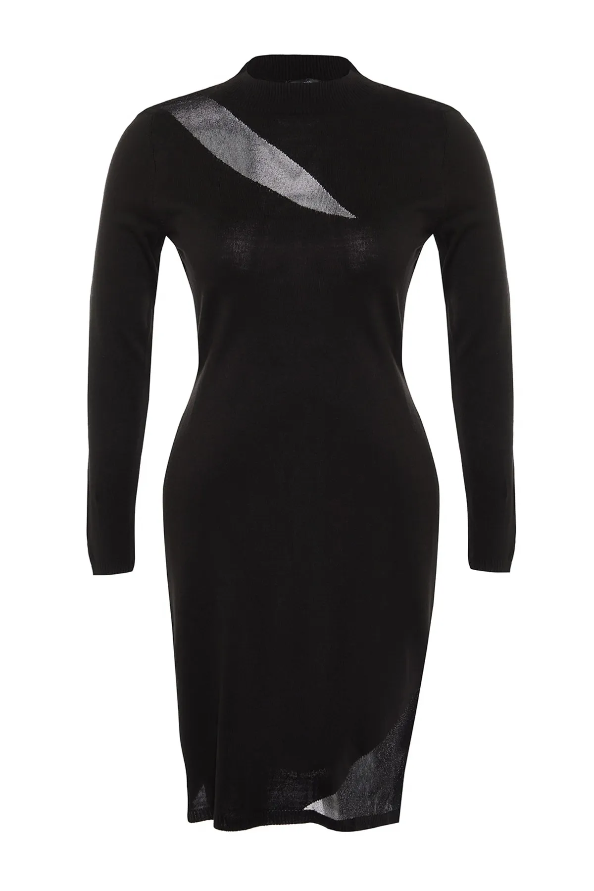 Trendyol Curve  Schwarzes, transparentes, detailliertes, figurbetontes Strickkleid mit hohem Kragen TBBAW23AH00180