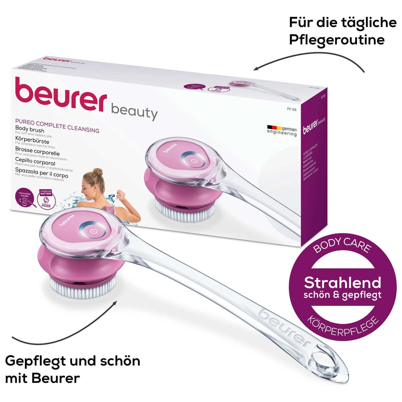 Beurer Körperbürste FC 55 Pureo Complete Cleansing-Tiefenreinigende Körperreinigungsbürste mit abnehmbarem Handgriff
