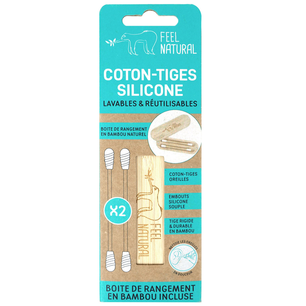 feel natural Boîte bambou et 2 cotons-tiges en silico ne Coton tige en silicone