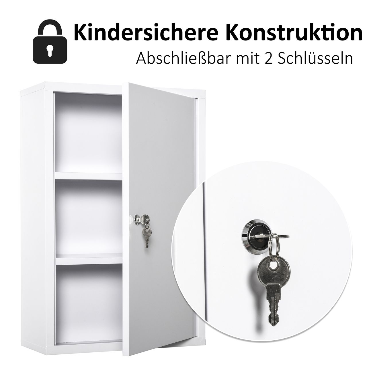 kleankin Medizinschrank Arzneischrank Erste-Hilfe-Schrank mit Schloss 3 Fächer Stahl Weiß 40 x 18 x 60 cm