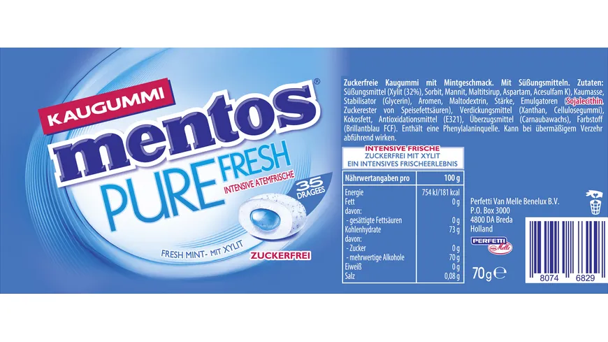 MENTOS GUM PF FRESHMINT CURVY DOSE 70 g