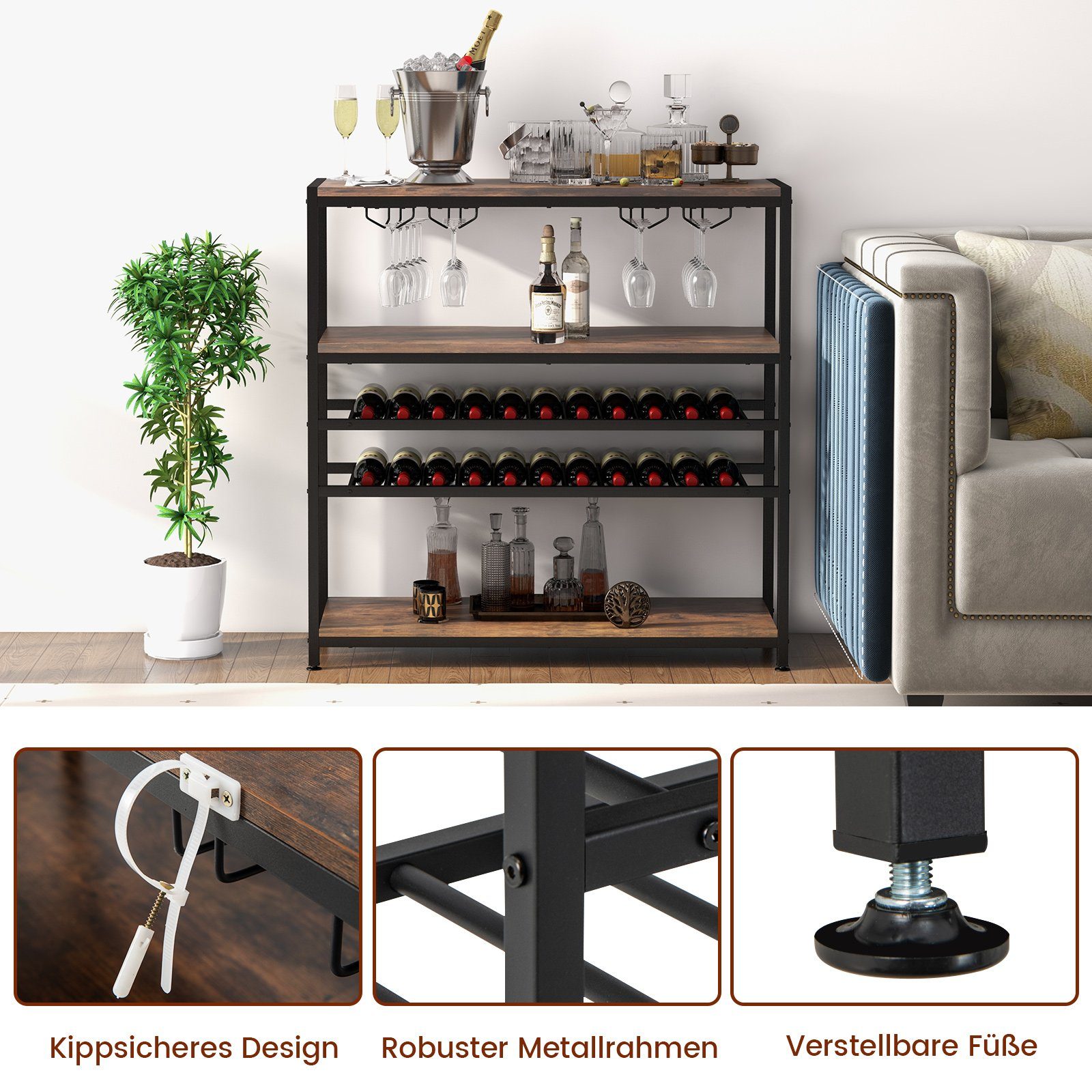 COSTWAY Weinregal, stehend, mit Glashalter & Regalen, Metall, 35x101x100cm
