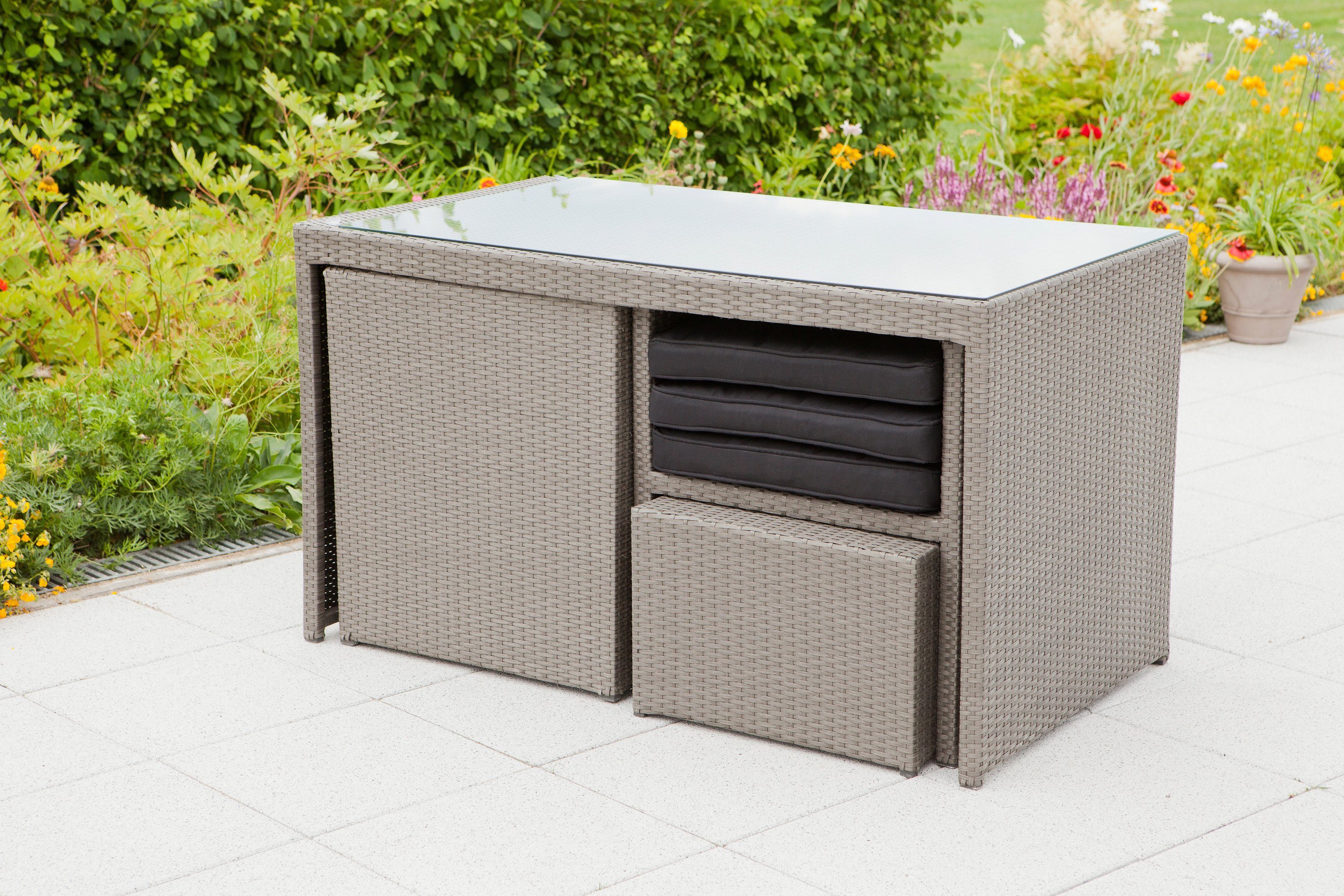 MERXX Garten-Essgruppe Merano, (11-tlg), 2 Sessel, 2 Hocker, Tisch 128x70 cm, Polyrattan
