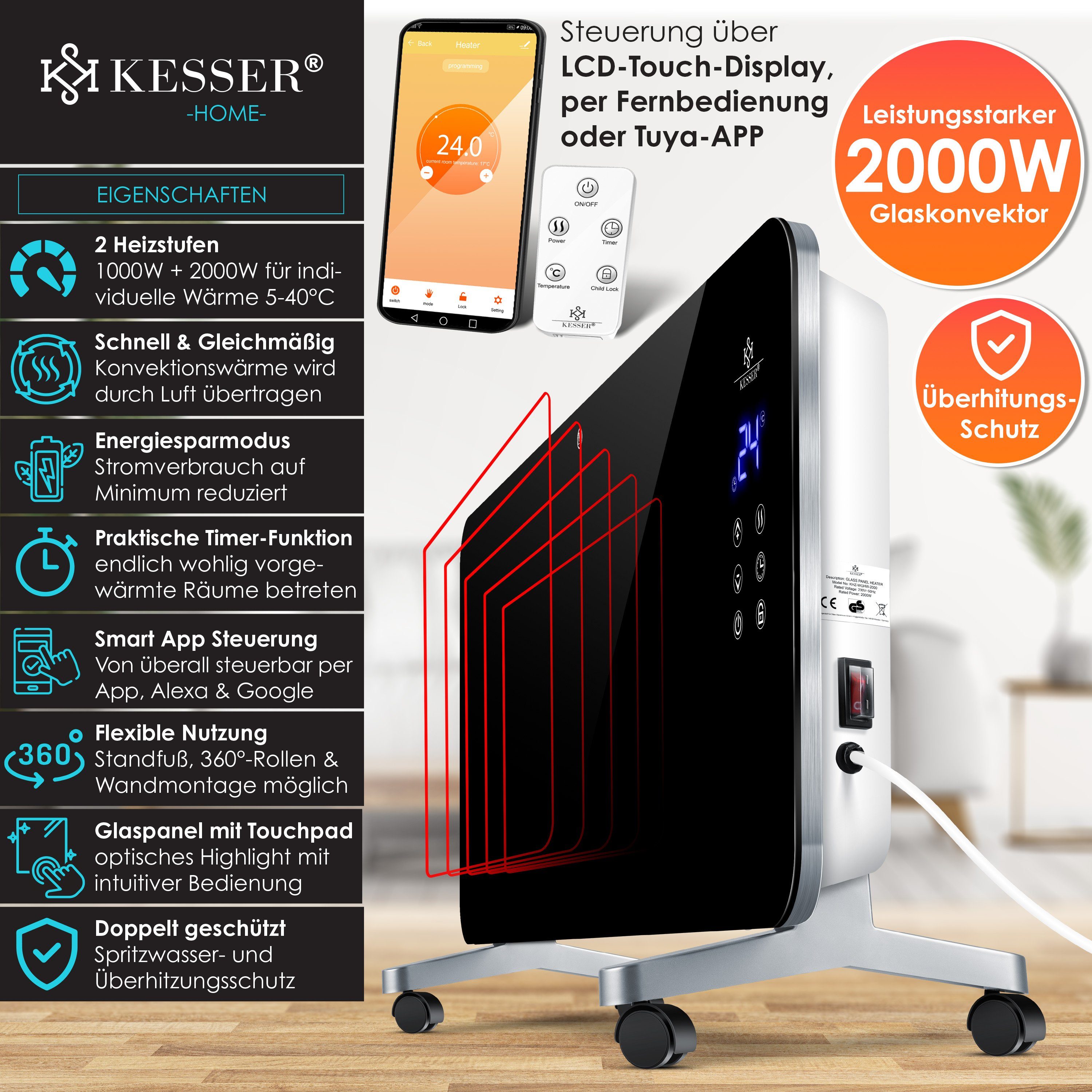 KESSER Heizgerät, 2000 W, Elektro Glasheizung Konvektor Elektroheizung Heizung