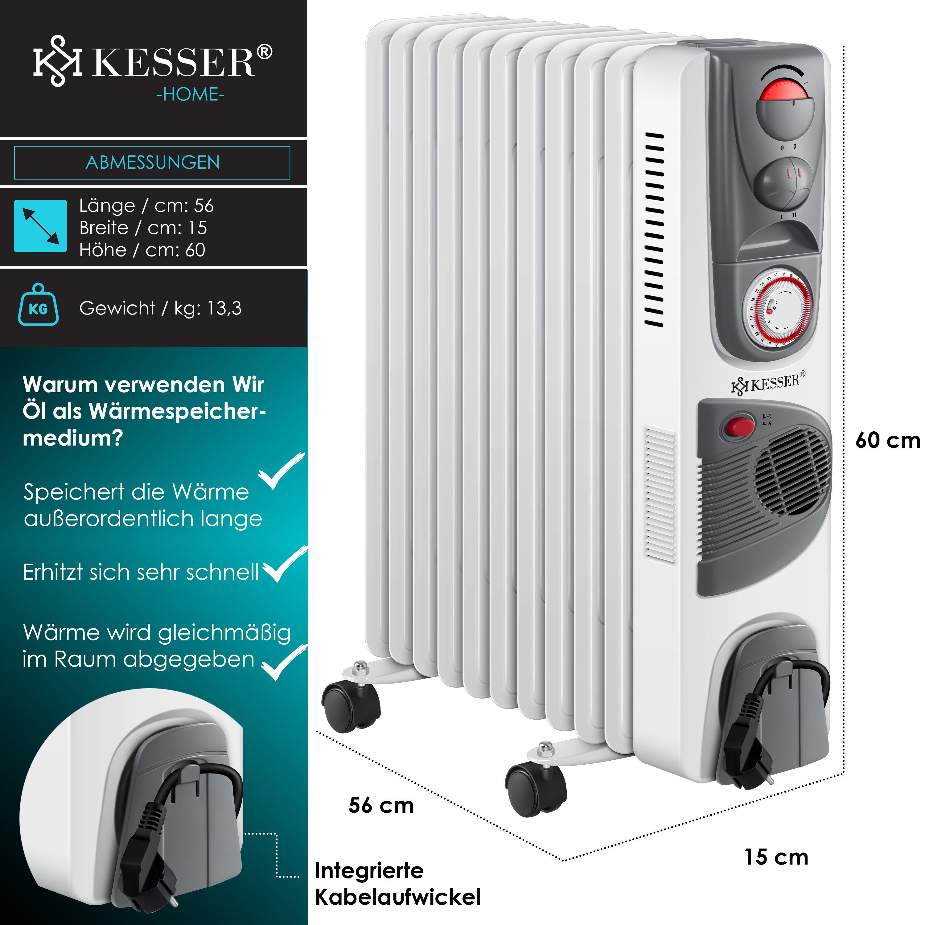 KESSER Ölradiator, 2500 W, Ölradiator Elektrische Heizung 2500W Öl Radiator Elektro