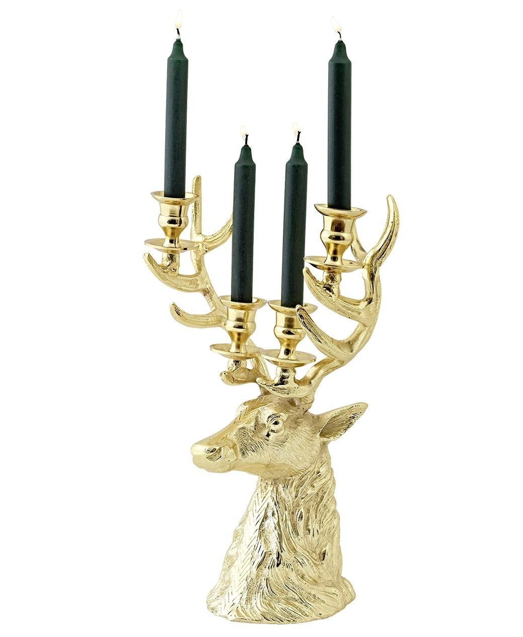 EDZARD Kerzenleuchter Richard, Kerzenständer mit Gold-Optik im Hirsch-Design, Kerzenhalter 4-Flammig für Stabkerzen, Höhe 43 cm