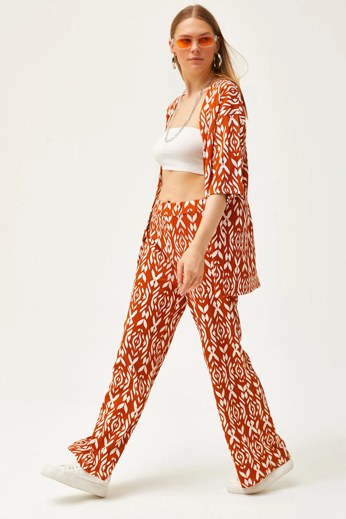 Olalook  Damen Zimt Oberteil Kimono Unterteil Hose Gemusterter Anzug TKM-19000279