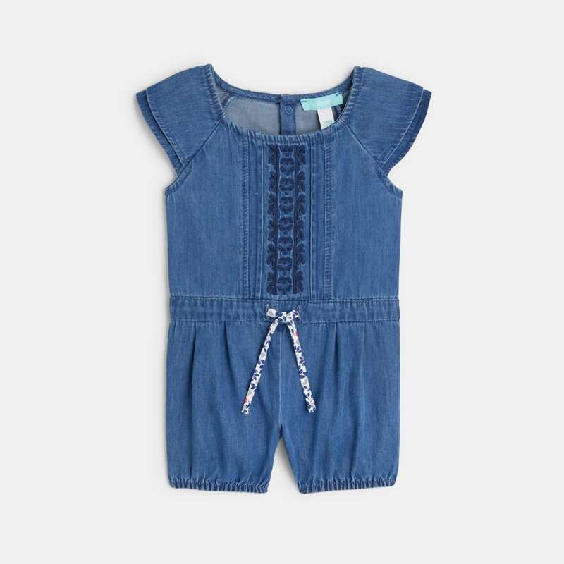 Combishort en denim léger brodé bleu bébé fille