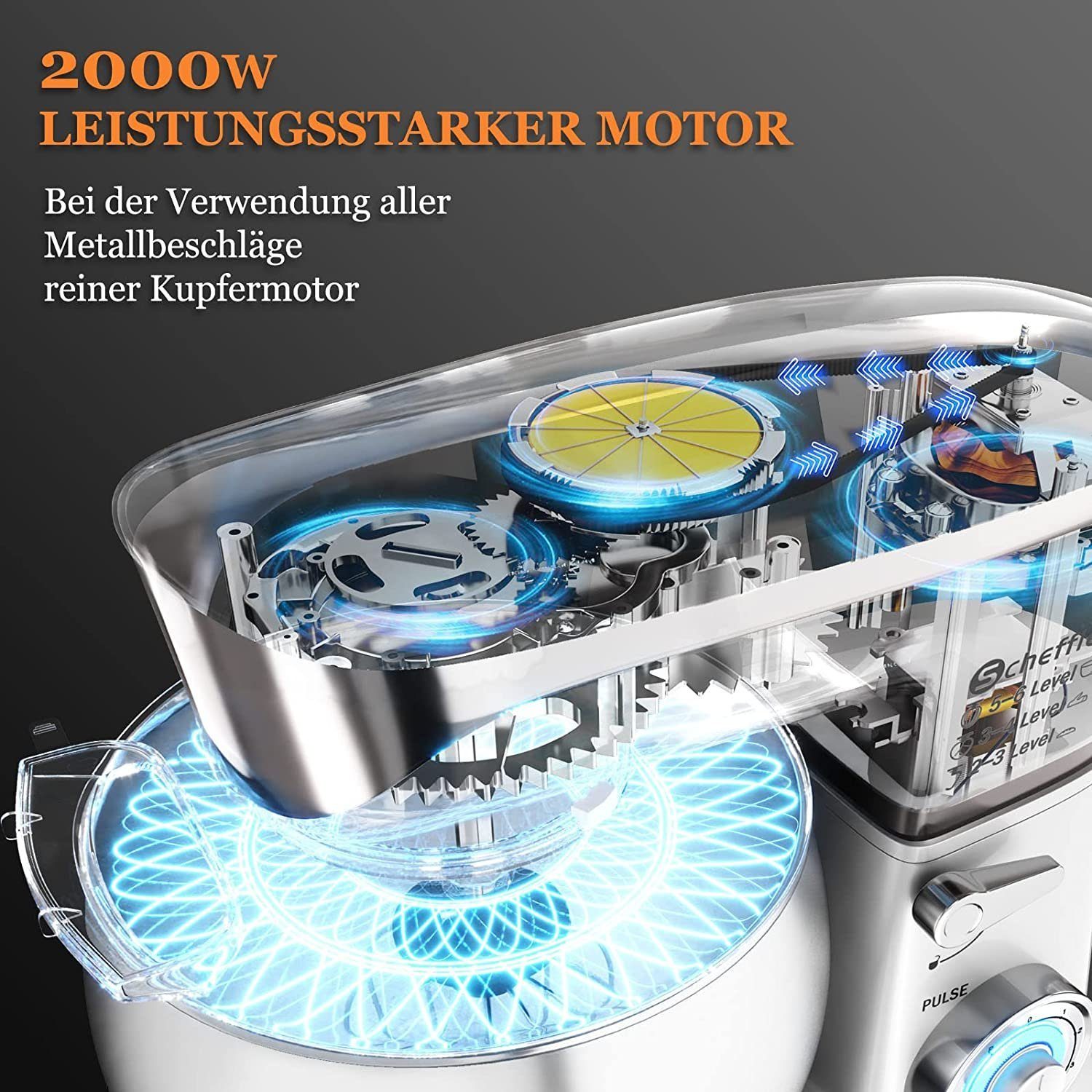 Scheffler Küchenmaschine 6 Geschwindigkeiten, 2000,00 W, 5,00 l Schüssel, inklusive Knethaken, Flachrührer, Schneebesen