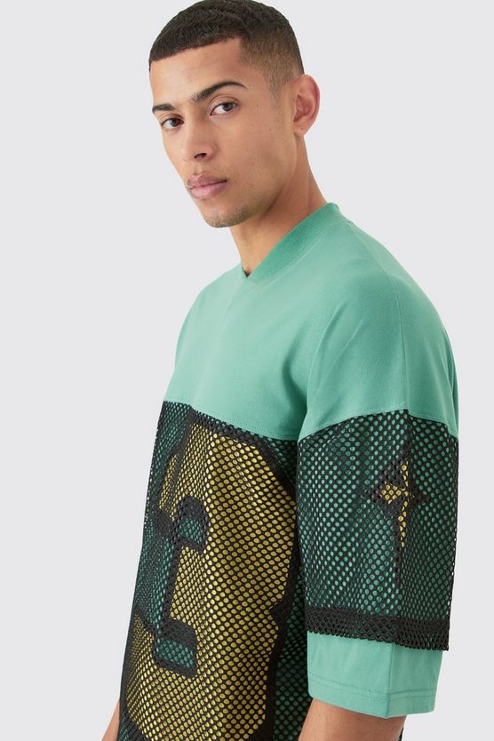 Oversize Mesh T-Shirt mit V-Ausschnitt