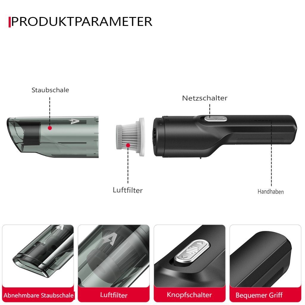 AUDEW Akku-Handstaubsauger, 100W Kabellos Handstaubsauger 3900PA mit 1 HEPA-Filter für Auto, Haus