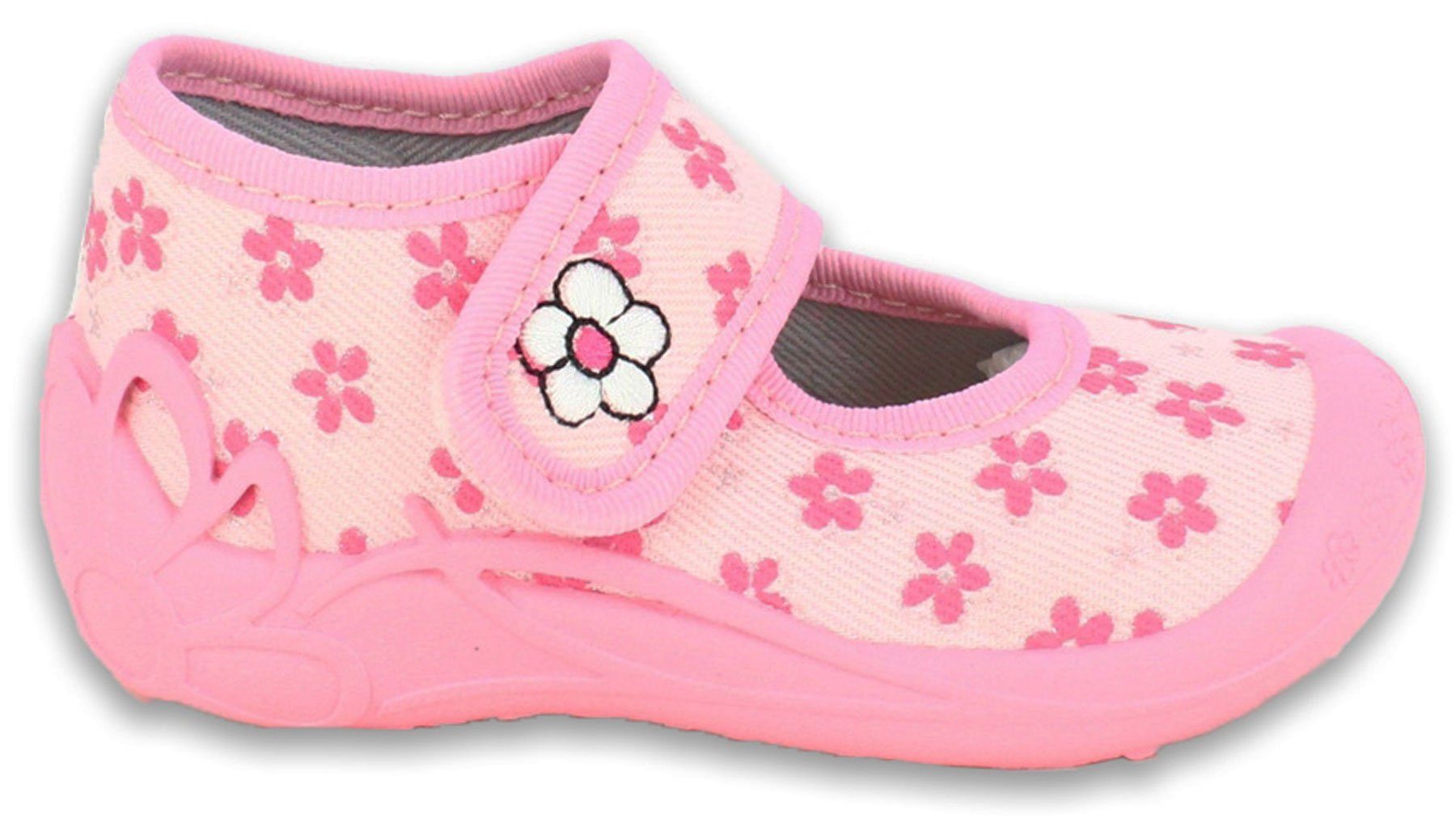 Beck Kleinkind Hausschuhe Little Flower Hausschuh (Leder-Decksohle, atmungsaktive Materialien) rutschfeste flexible Laufsohle, verstellbarer Klettverschluss