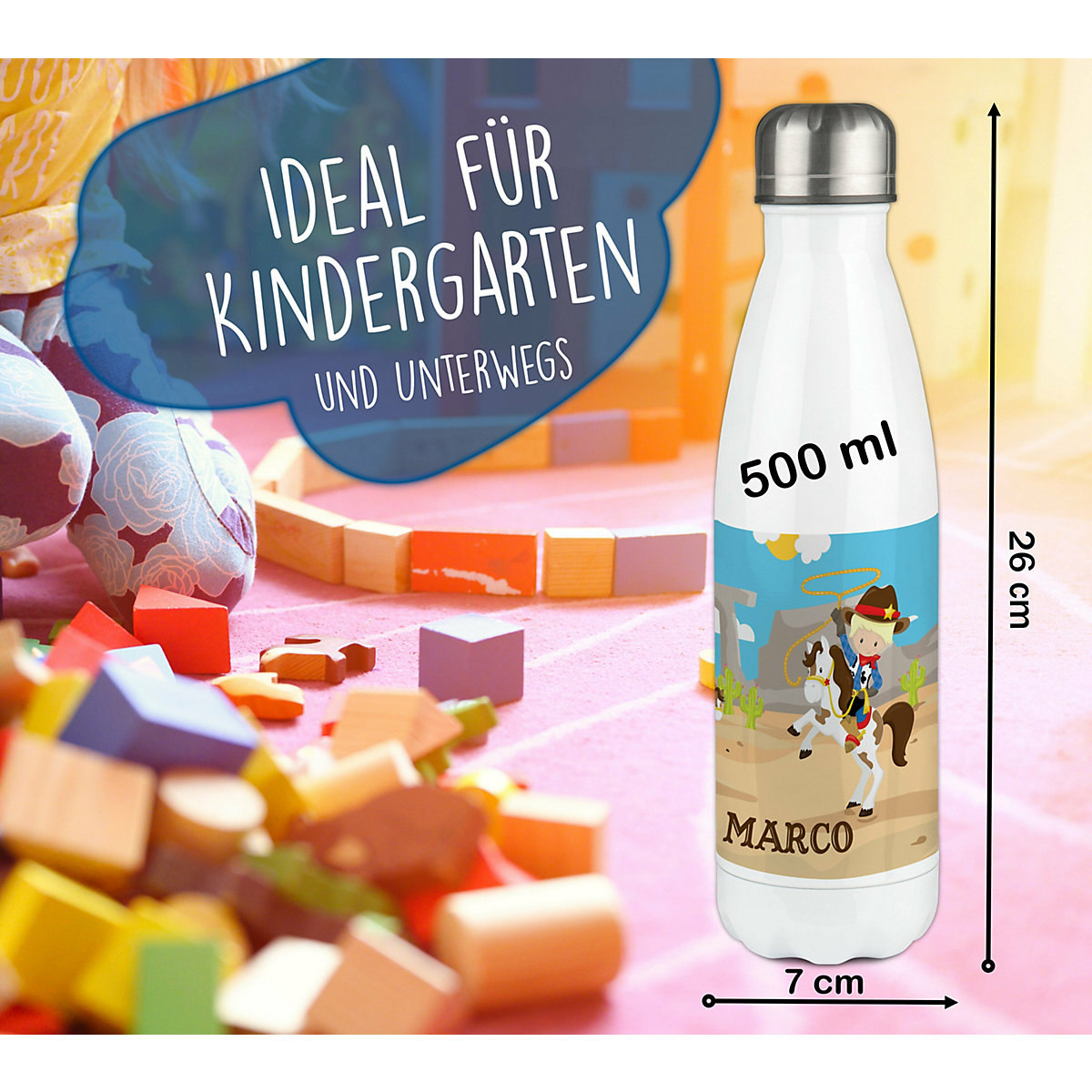 Edelstahl Kinder Thermoflasche / Trinkflasche bunt Cowboy Spülmaschinenfest, Auslaufsicher, Bruchfest, Doppelwandig, Für Heißgetränke geeignet, Mit Deckel, Isoliert