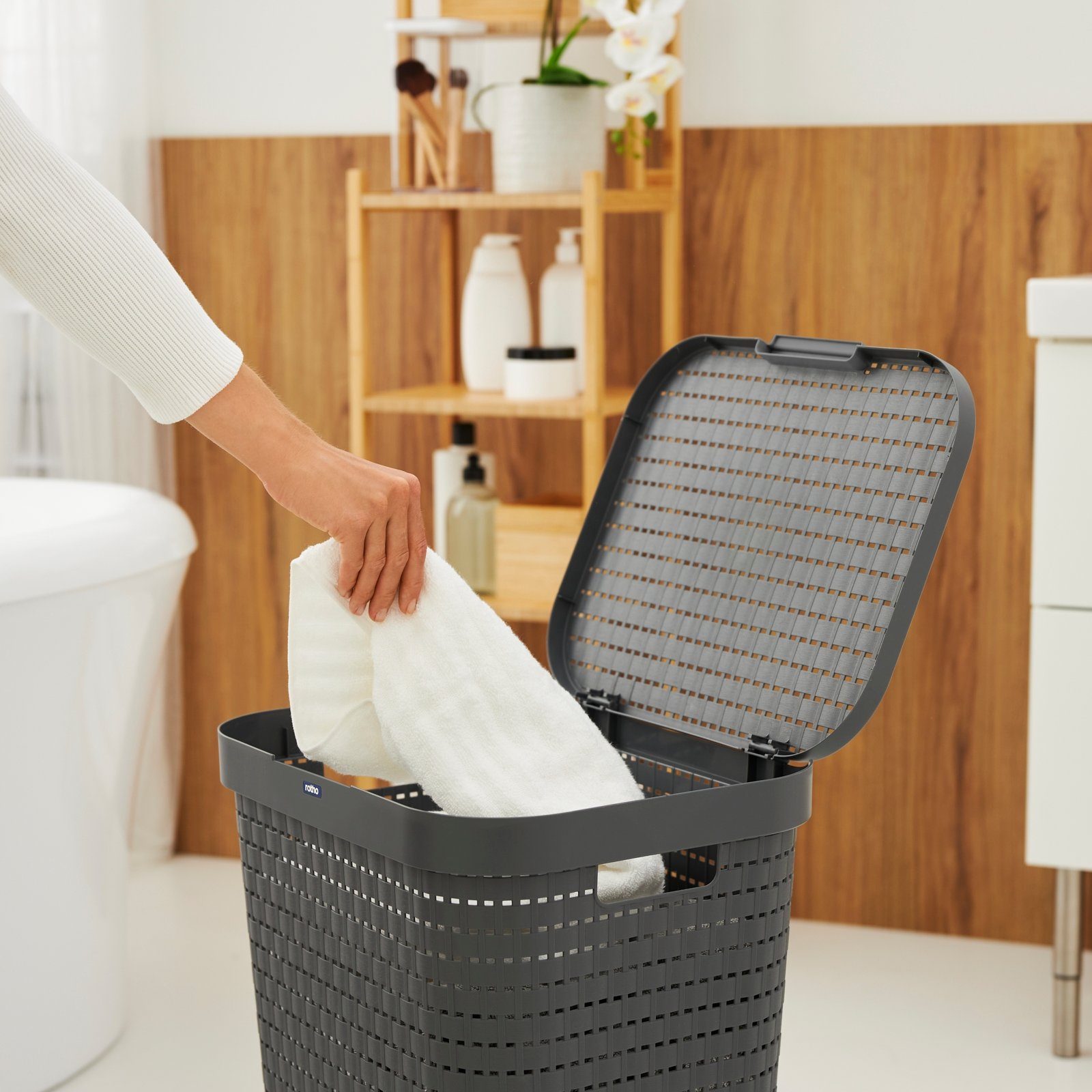 ROTHO Wäschekorb Country 3er-Set Wäschesammler 55l mit Deckel, Kunststoff (PP) BPA-frei (Wäschesammlerset, 2er-Set), Löcher an den Seiten ermöglicht Luftzirkulation innerhalb der Wäschebox
