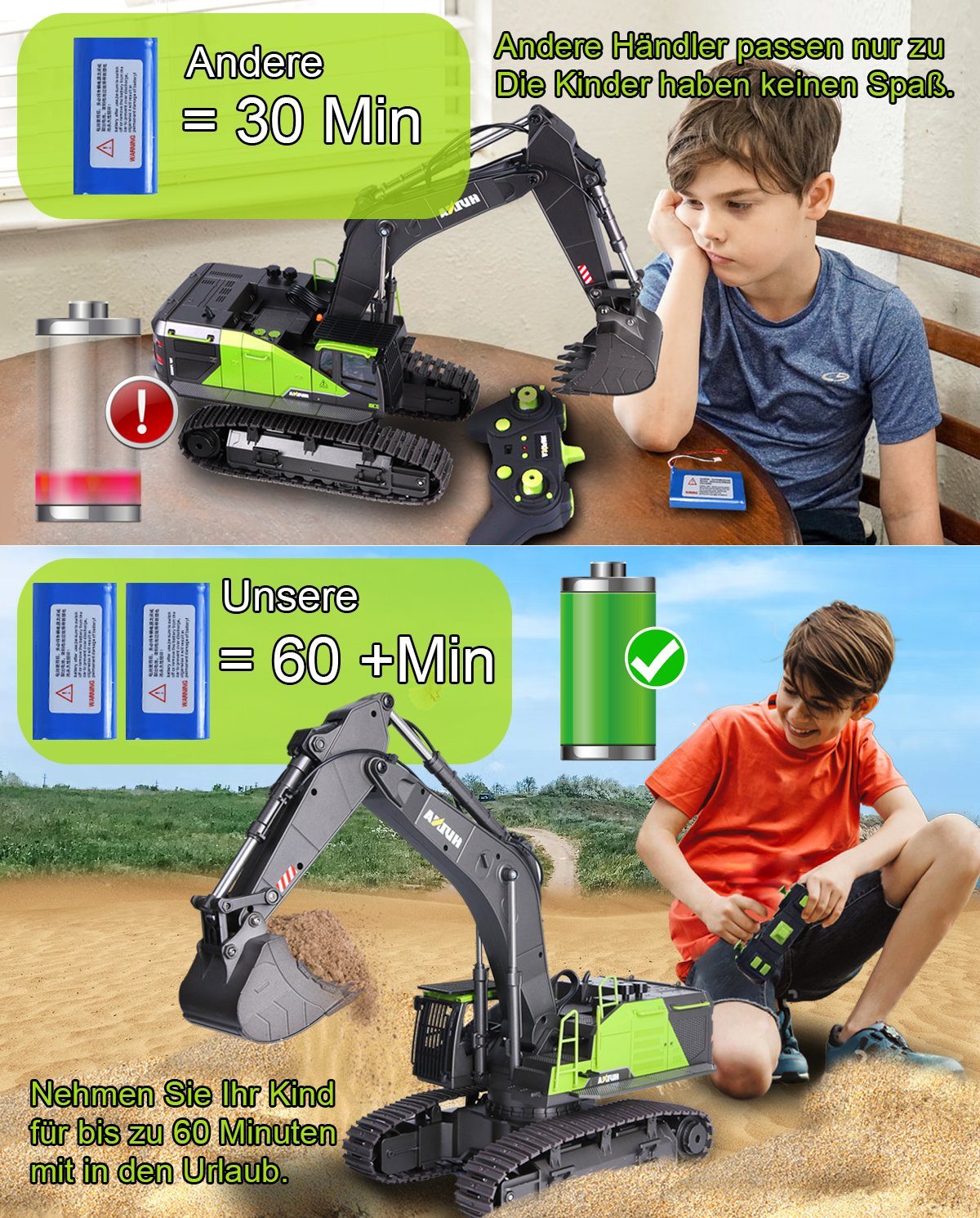 Esun RC-Bagger Ferngesteuerter bagger spielzeug, rc bagger baustellenfahrzeuge kinder (SET, Komplettset), 1:14Metallschaufel ferngesteuert mit 2 Akku und 3 Anbaugeräte
