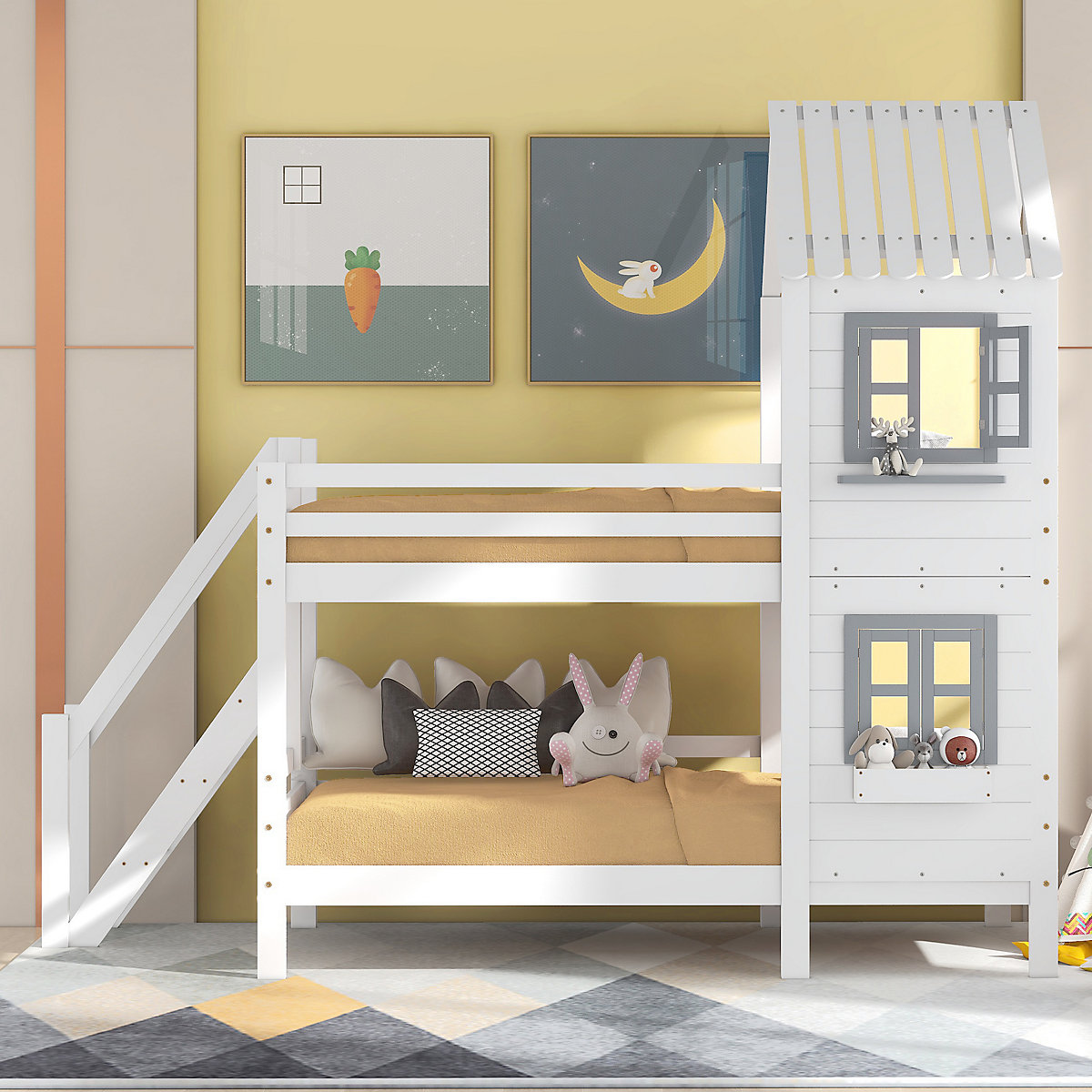 Etagenbett mit Handlauf und Fenster, Hausbett, Fallschutz und Gitter, Kiefer