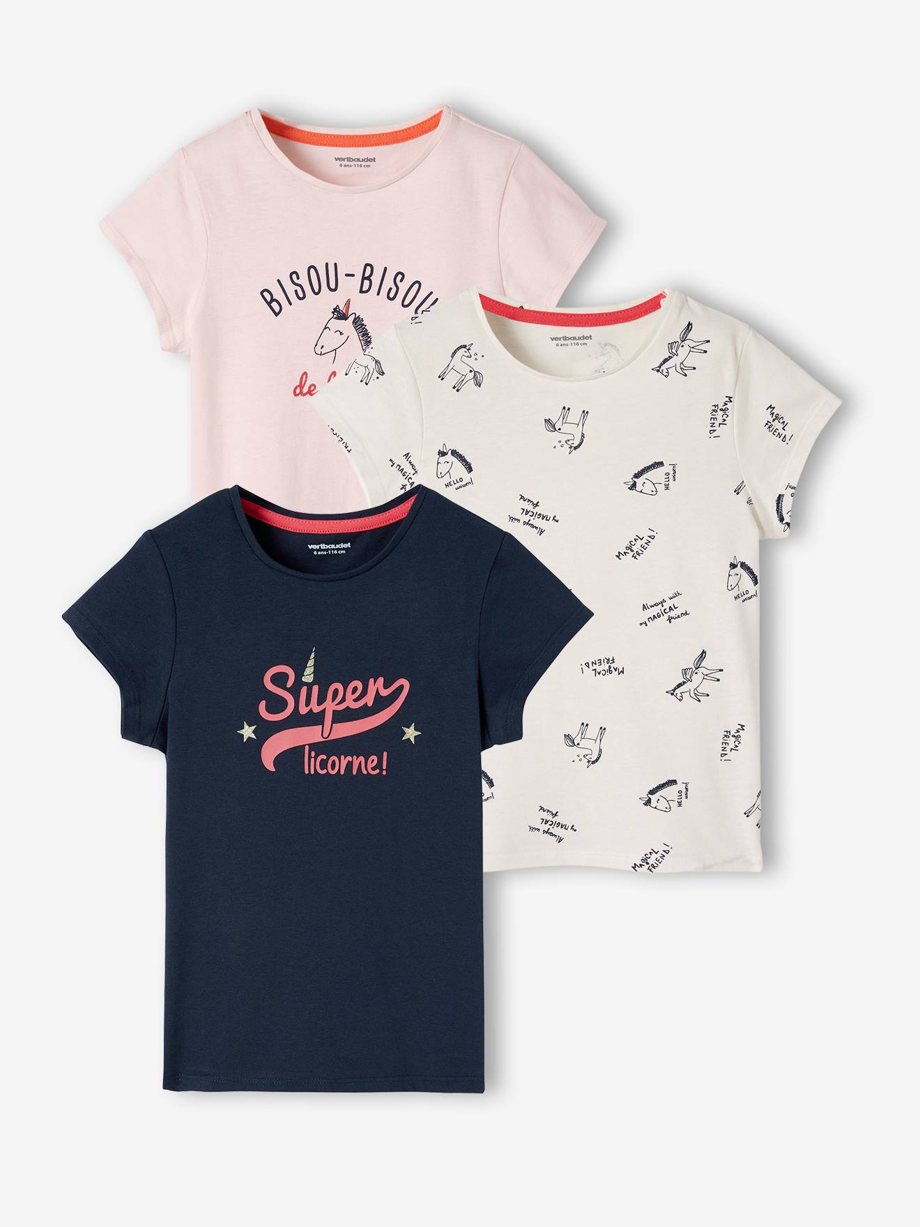 Lot de 3 t-shirts Basics détails irisés fille framboise