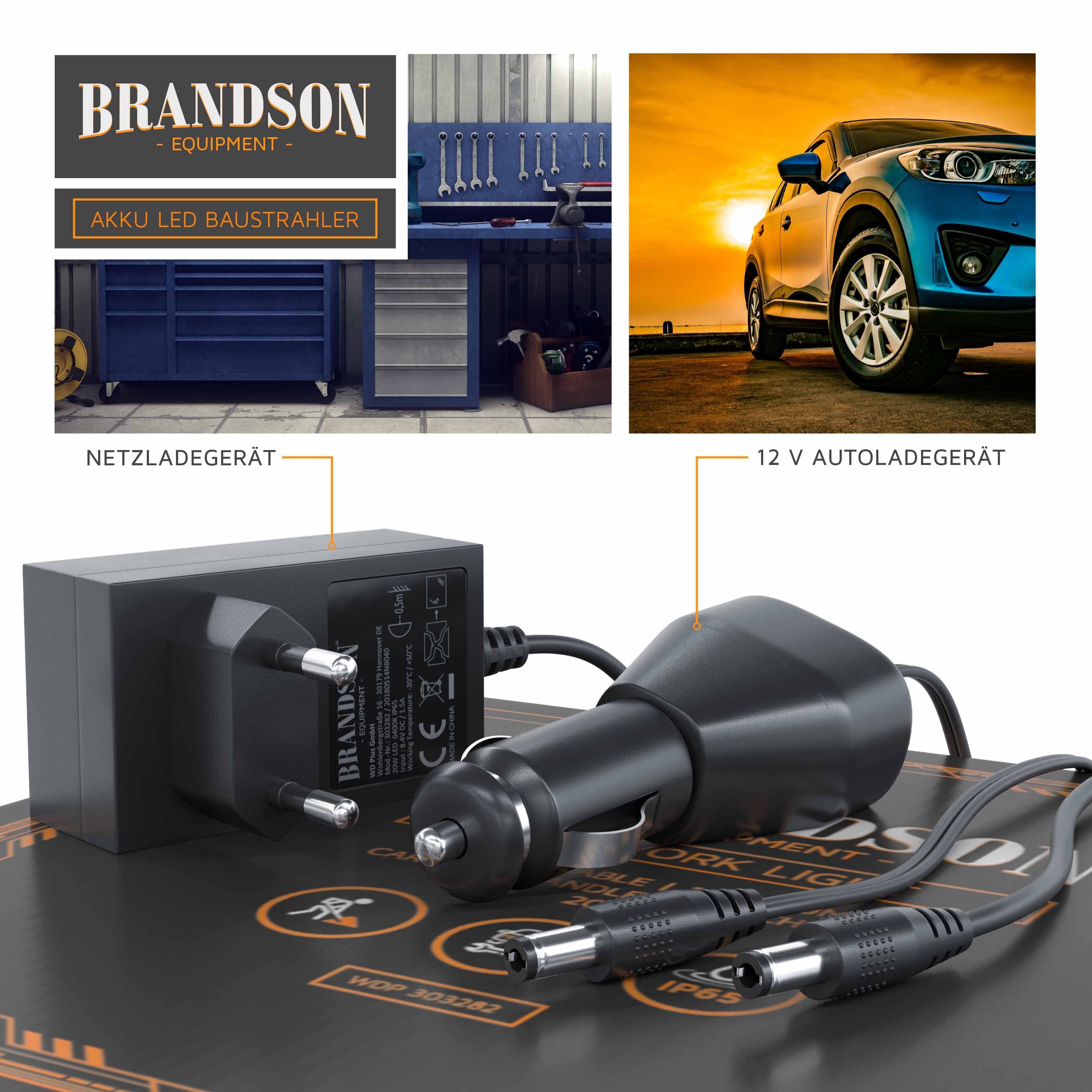 Brandson Baustrahler, Akku, 20W LED Baulampe mit Standgestell & Tragegriff für Innen & Außen