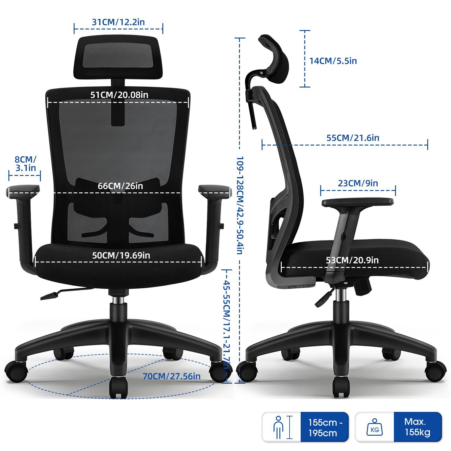 Daynee Bürostuhl Bürostuhl, Ergonomischer Schreibtischstuhl, Drehstuhl, Chefsessel (Packung, Verstellbare Armlehne,leise Rolle,Bis 155 kg belastbar, Atmungsaktiv,Sitzhöhe Einstellung), Wippfunktion 90°-135°, Verlängerte und Verbreiterte Rückenlehne,