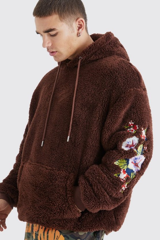 Oversize Borg-Hoodie mit Blumen-Stickerei