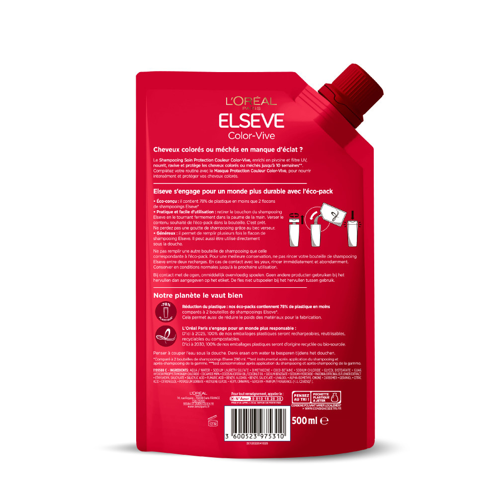 L'Oréal Paris L'Oréal Paris Elseve Color-Vive Shampooing Cheveux Colorés 500ml Shampooing Soin Protection Couleur pourCheveux Colorés ou Méchés Eco-pack