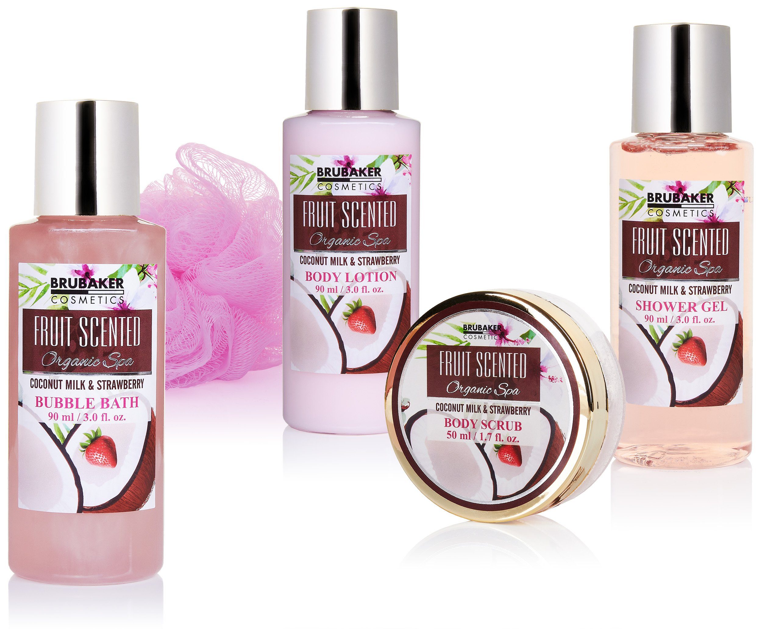 BRUBAKER Pflege-Geschenkset 2 in 1 Pflegeset Erdbeere & Kokosnuss Erdbeere - Wellness Set, 15-tlg., Damen Dusch- und Badeset - Frauen Beauty Geschenkset mit Dekoration