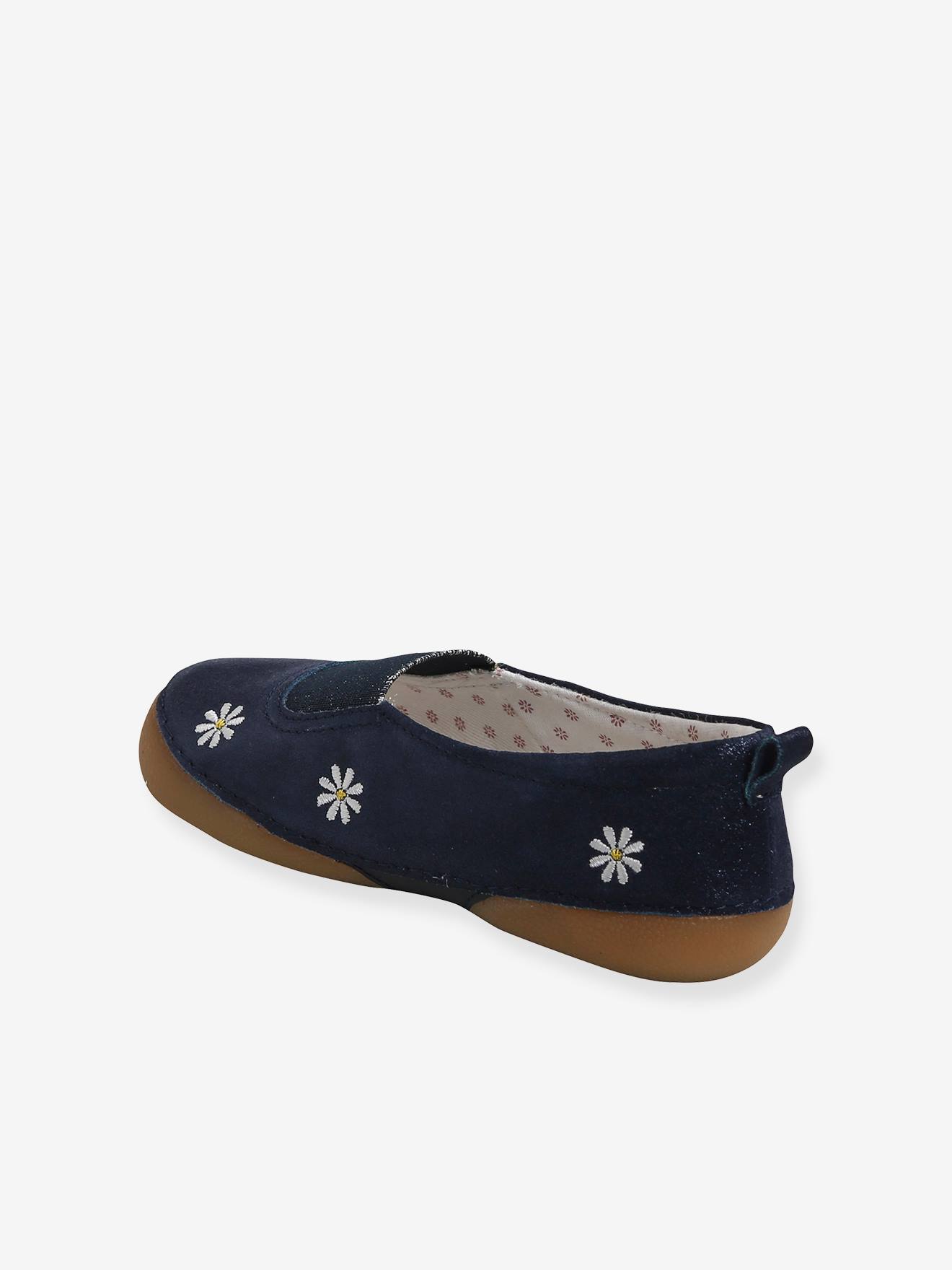 Chaussons élastiqués fille en cuir souple marine