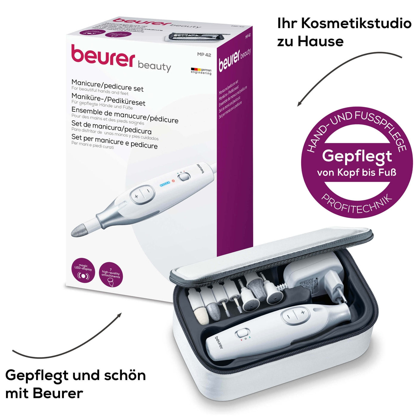 Beurer Maniküre-/Pediküreset MP 42-Stufenlos regelbarer Nagelfräser für Maniküre & Pediküre mit 7 Aufsätzen