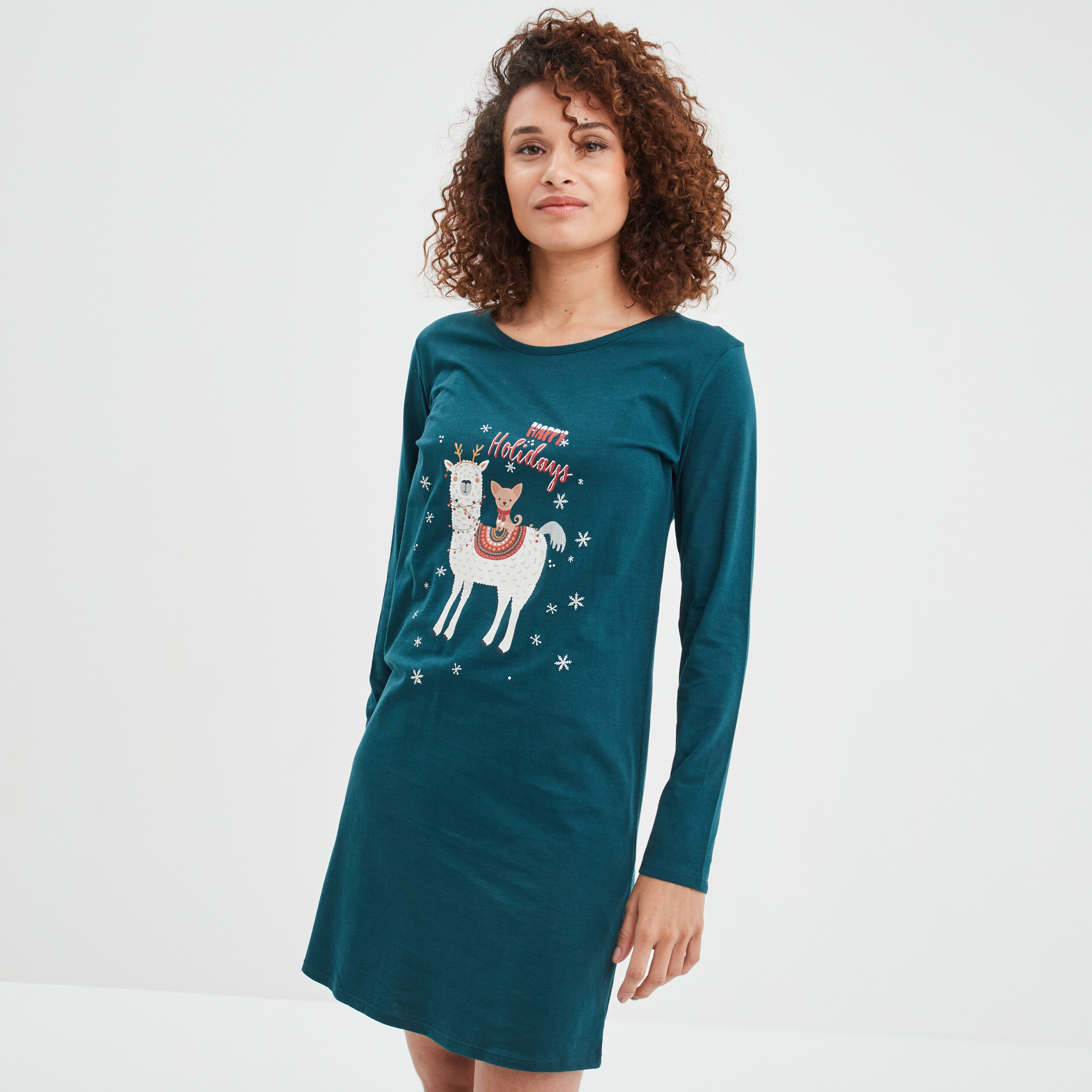 Chemise de nuit manches longues coton vert canard femme | La Halle