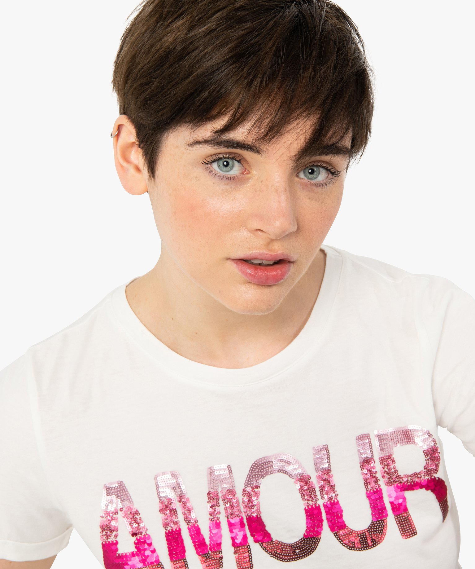 Tee-shirt femme à manches courtes avec inscription en sequins blanc | GEMO