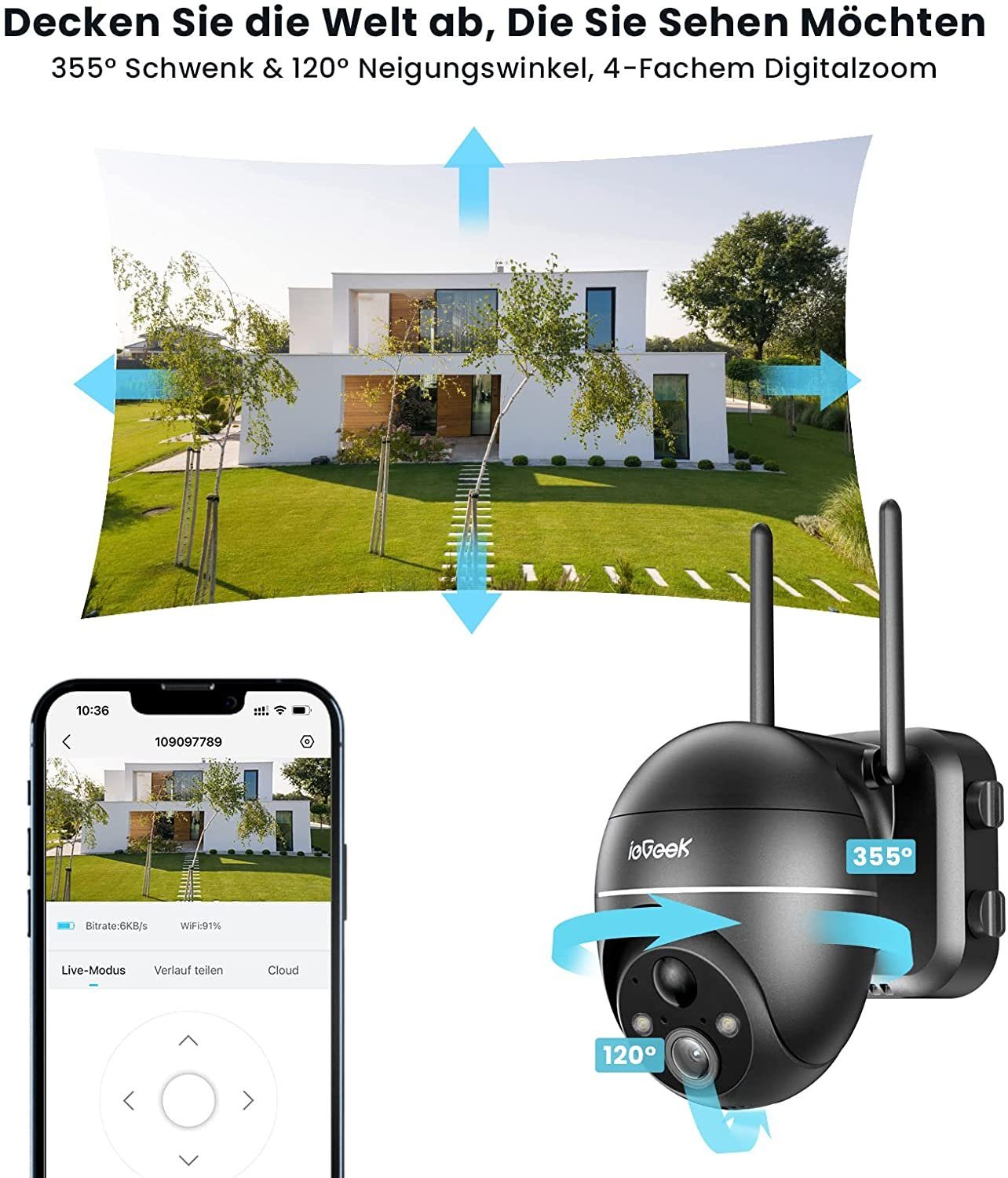ieGeek 5MP 2K Überwachungskamera Aussen Akku Solar PTZ Überwachungskamera Überwachungskamera (Außenbereic, Aussen, Außen, Innenbereich, Aussen WLAN mit Solarpanel 2,4GHz WLAN IP Überwachungskamera, PIR-Bewegungsmelder, 30M Farbige Nachtsicht, 4DBi WL