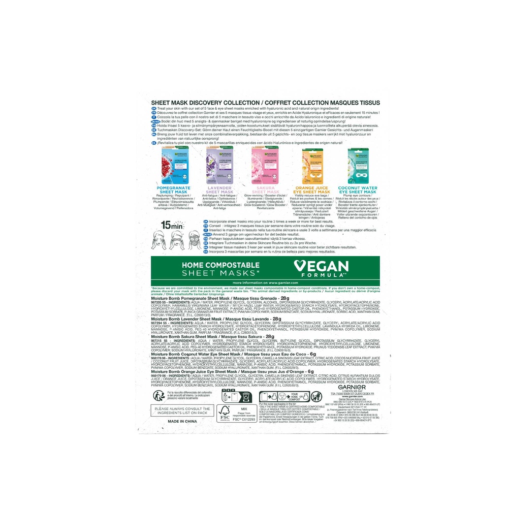 garnier Collection 5 masques - soin visage/yeux- éclat, repulpant, anti-fatigue Masques tissus
