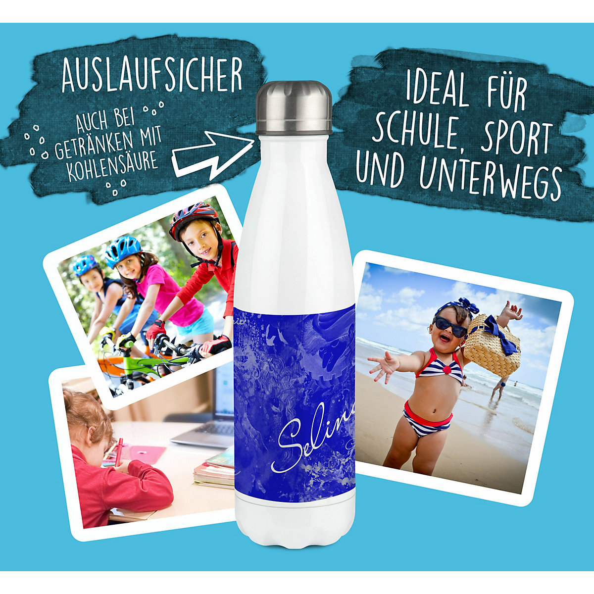 Edelstahl Kinder Thermoflasche / Trinkflasche bunt Traum Farbe blau Spülmaschinenfest, Auslaufsicher, Bruchfest, Doppelwandig, Für Heißgetränke geeignet, Mit Deckel, Isoliert