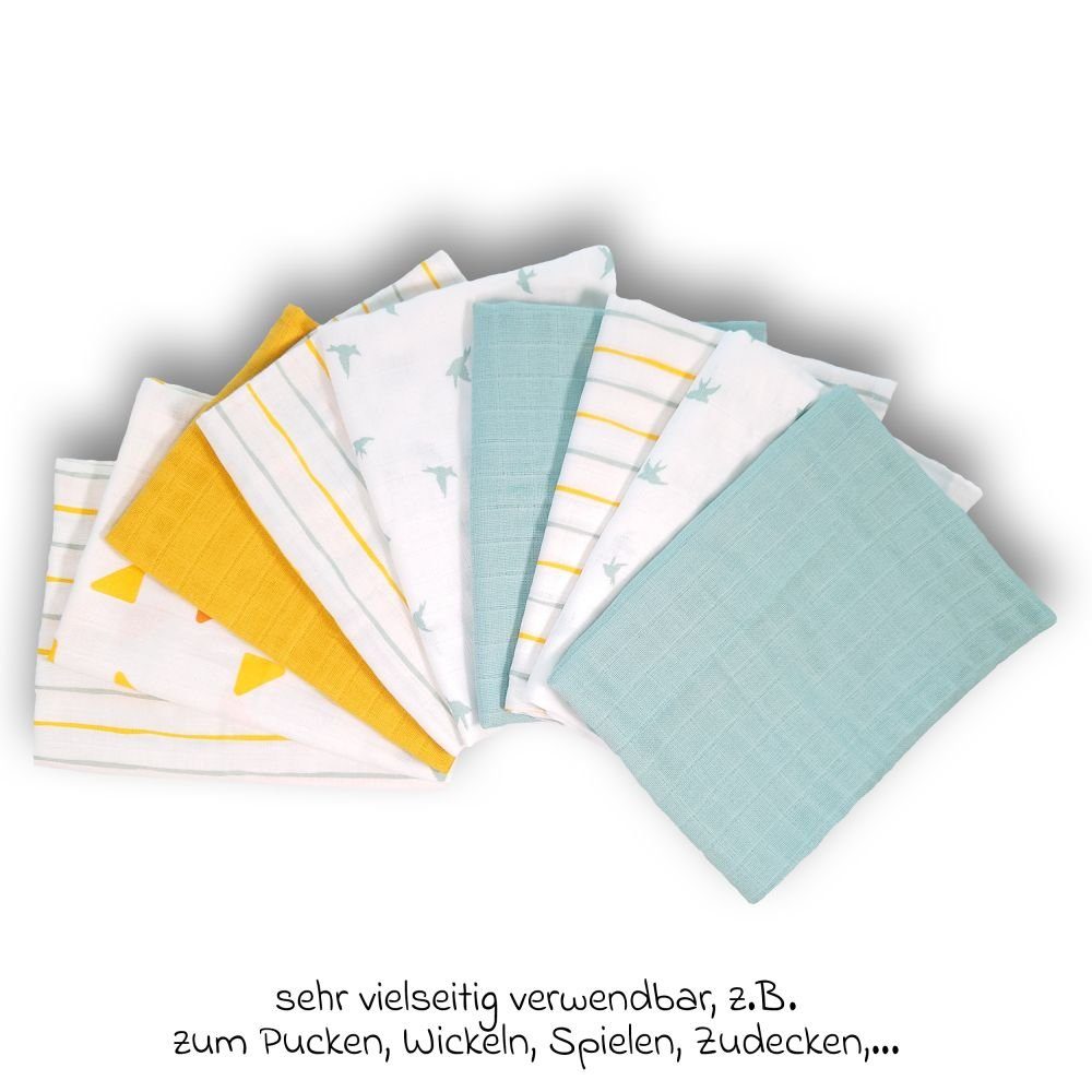 LaLoona Stoffwindeln Grün Gelb, Mullwindeln Mulltücher 9 Stück Spucktücher 70 x 70 cm 100 % Baumwolle