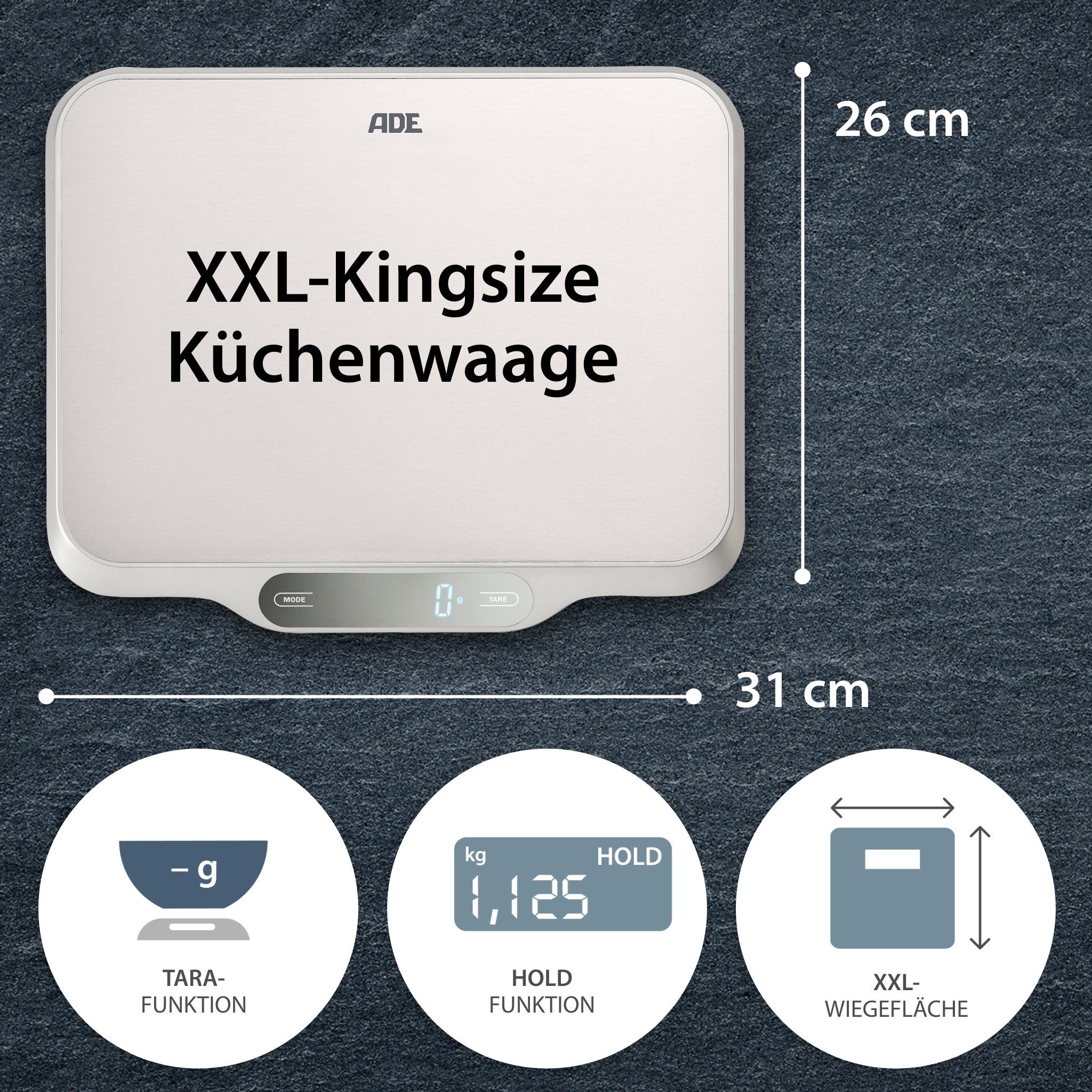 ADE Küchenwaage Waage mit großer XXL-Wiegefläche aus Edelstahl, für präzises Wiegen bis 15kg, mit Zuwiegefunktion (Tara) und Auto-Hold