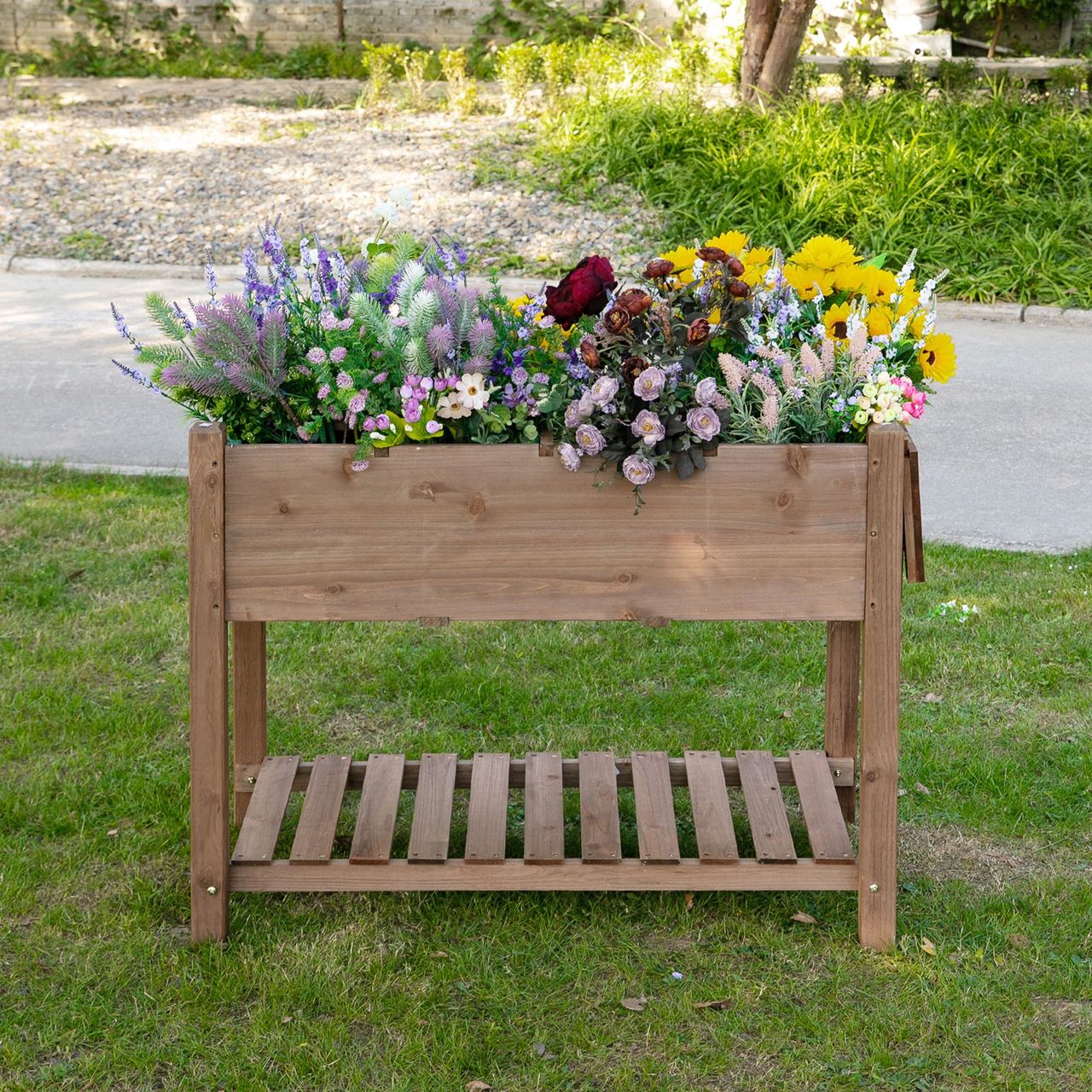Outsunny Hochbeet Pflanzkasten mit 8 geteilten Gittern faltbare Ablage Blumenkasten Blumentopf Kräuterbeet Massivholz Braun 123 x 54 x 74 cm