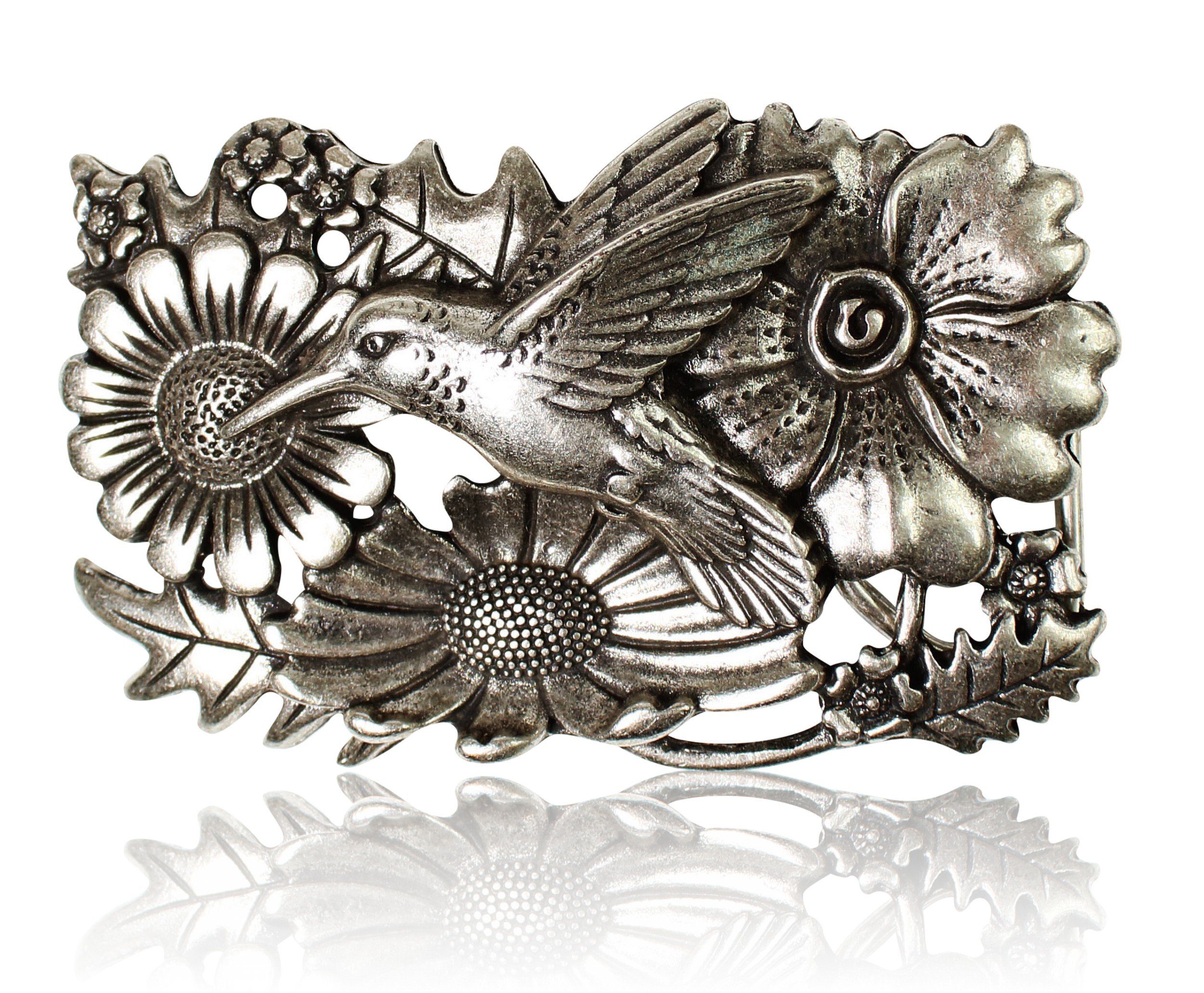 FRONHOFER Gürtelschnalle 18071 Kolibri Gürtelschnalle altsilber, 4 cm, Blumenmuster Schnalle Damen