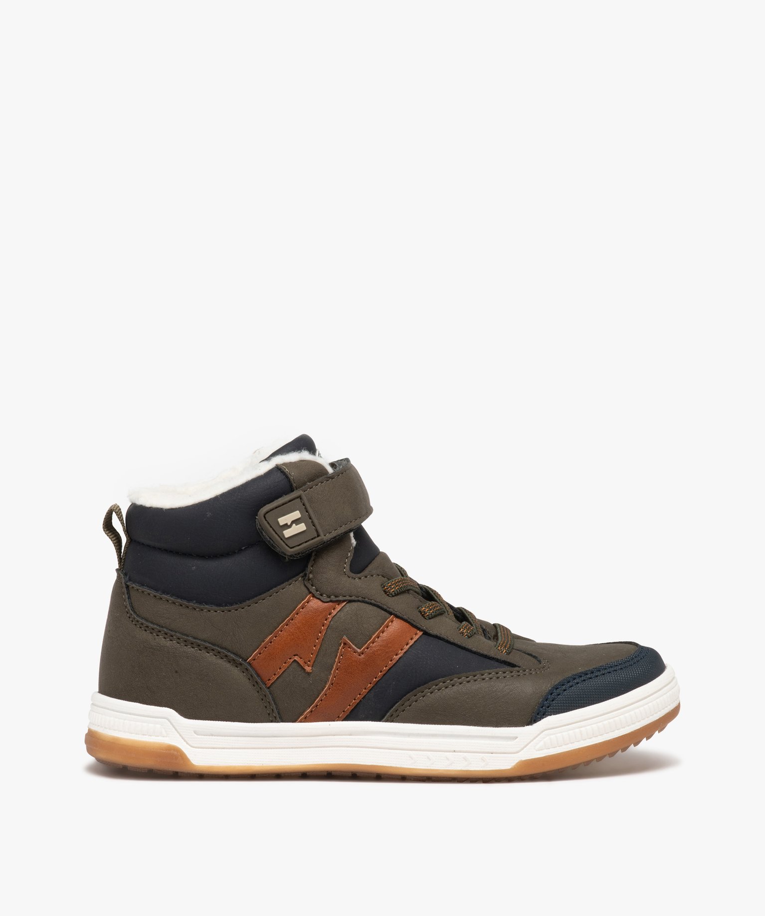 Baskets Garçon mid-cut avec col fourré et à scratch - Hobiz kaki | GEMO
