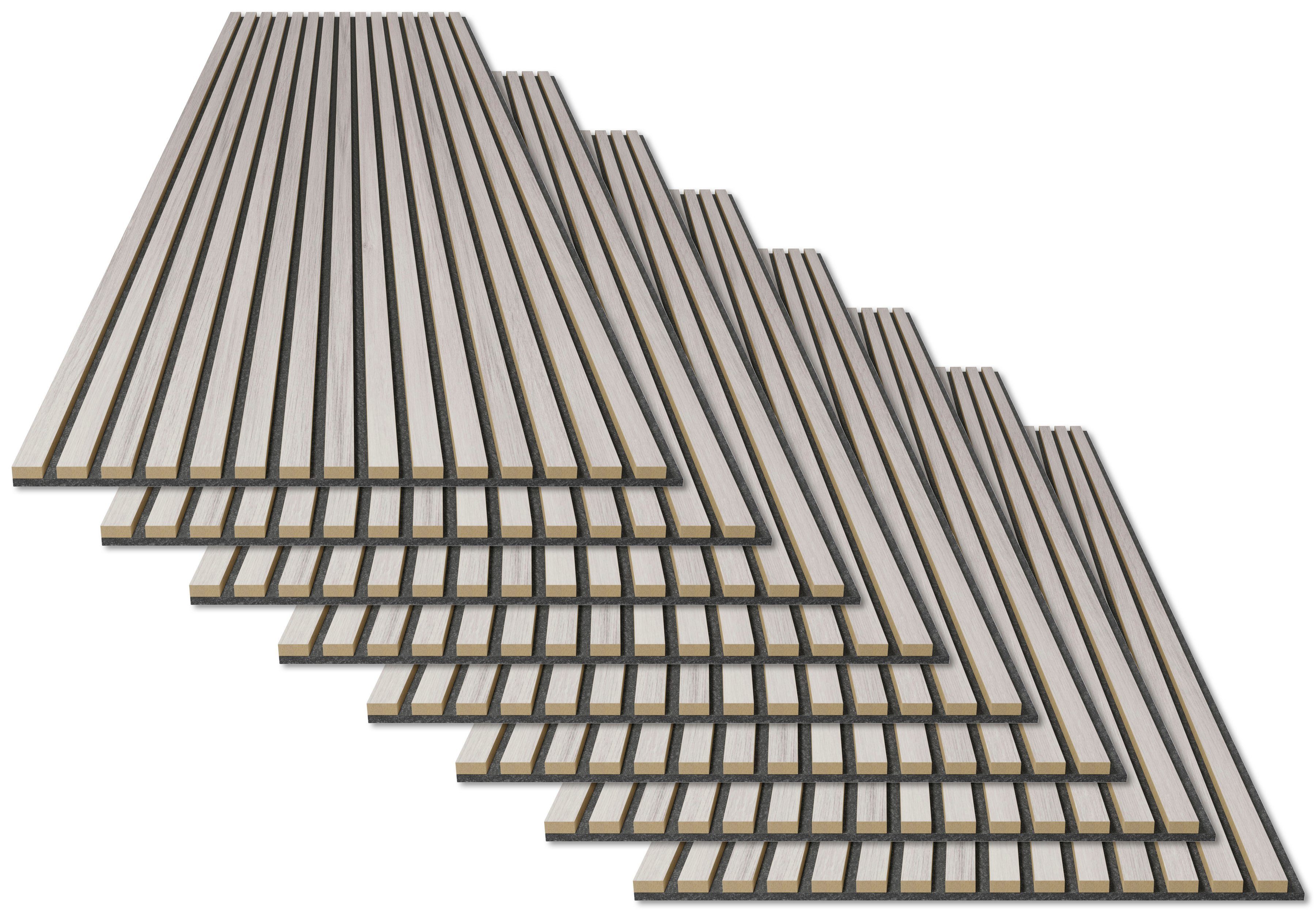 acous Schallschutzpaneel acous PROFESSIONAL Eiche, BxL: 60x250 cm, 1,5 qm, (Spar-Set, 8-tlg) 15 Echtholz-Dekoleisten mit schwarzem 8 mm Filz-Akustikträger