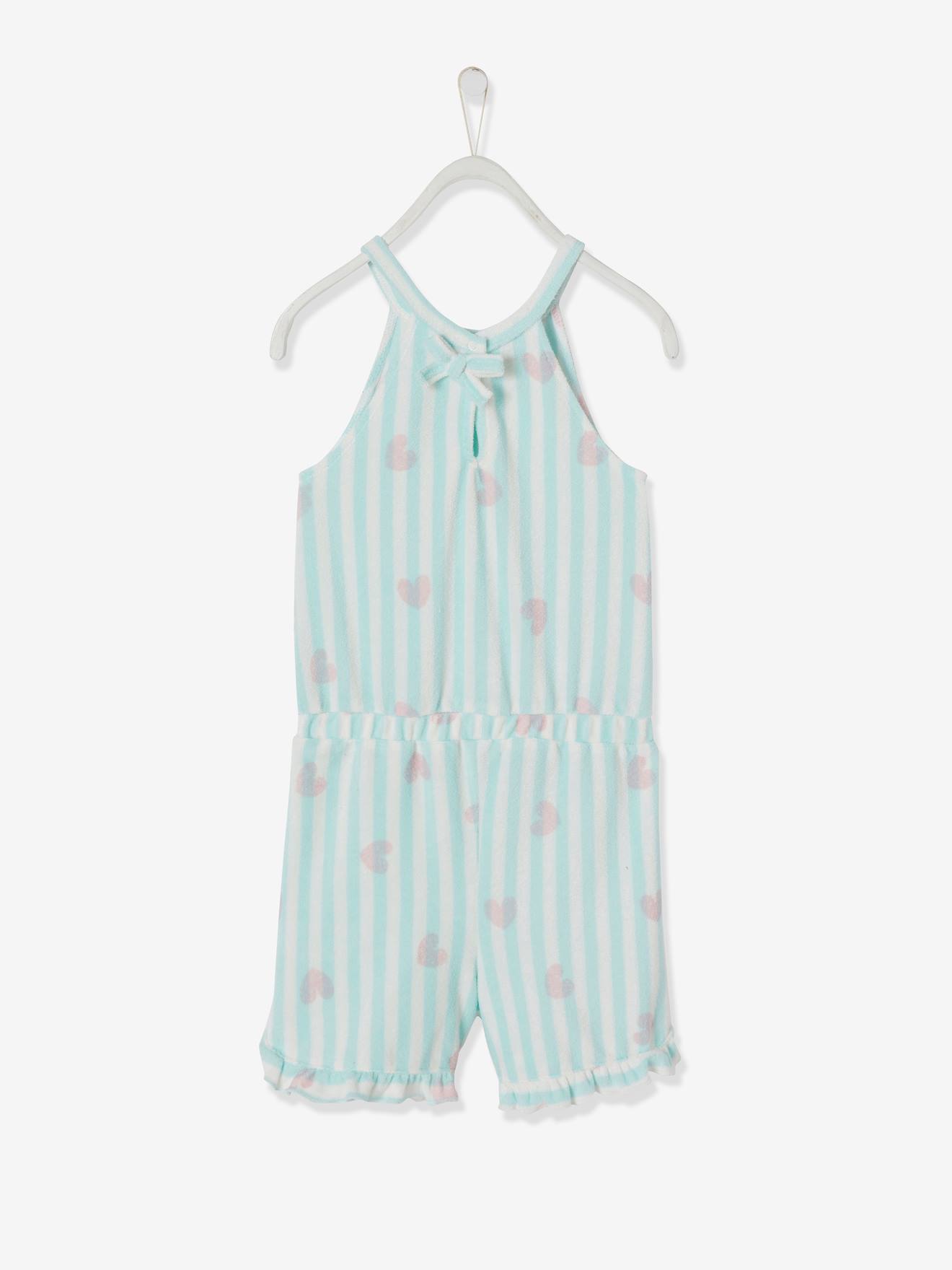 Vertbaudet Kurzer Mädchen Jumpsuit, Frottee - hellblau/weiß gestreift