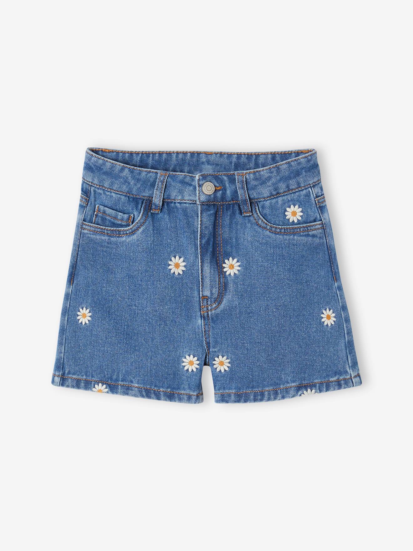 Vertbaudet Mädchen Jeansshorts mit Blumenstickerei - blue stone