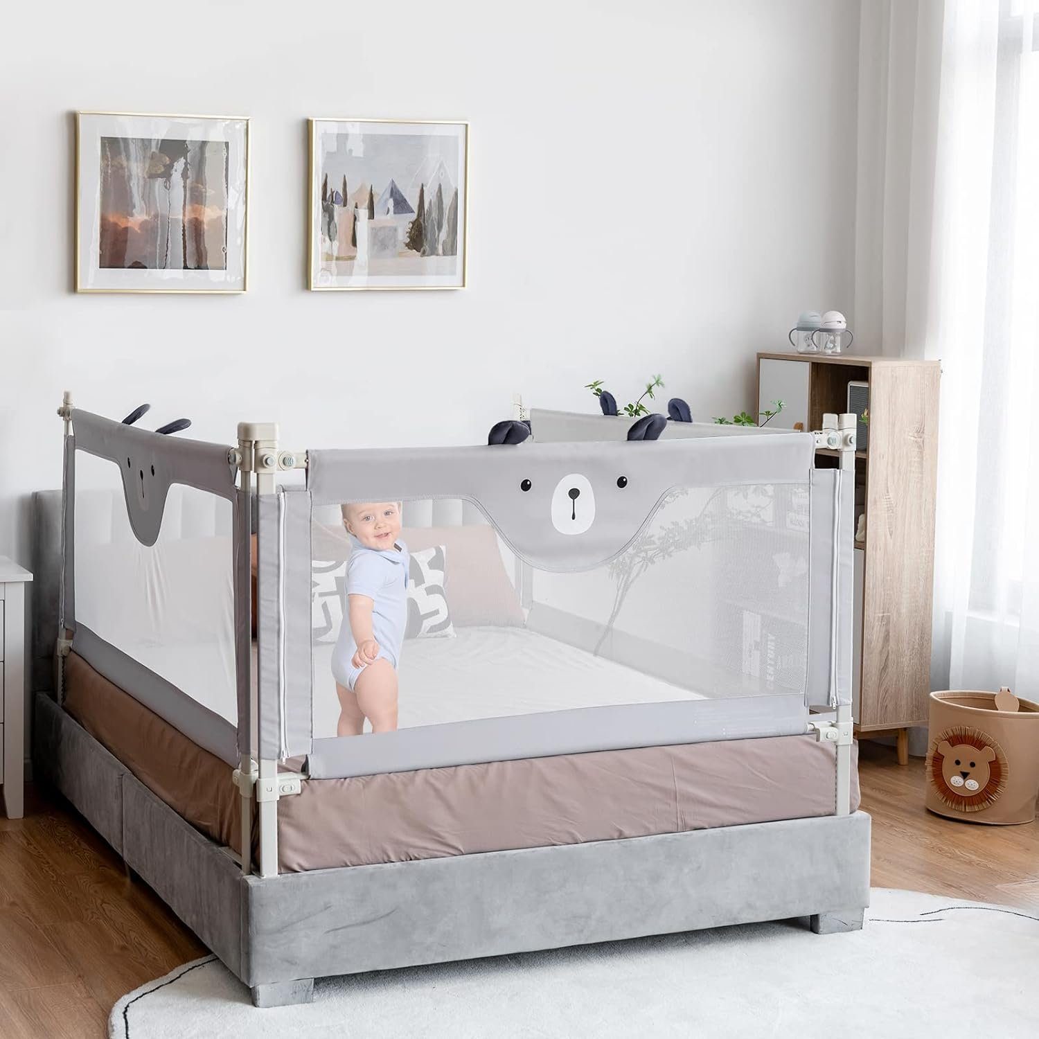 KOMFOTTEU Bettschutzgitter Babybettgitter, mit Doppelschlos(145cm, Bär)