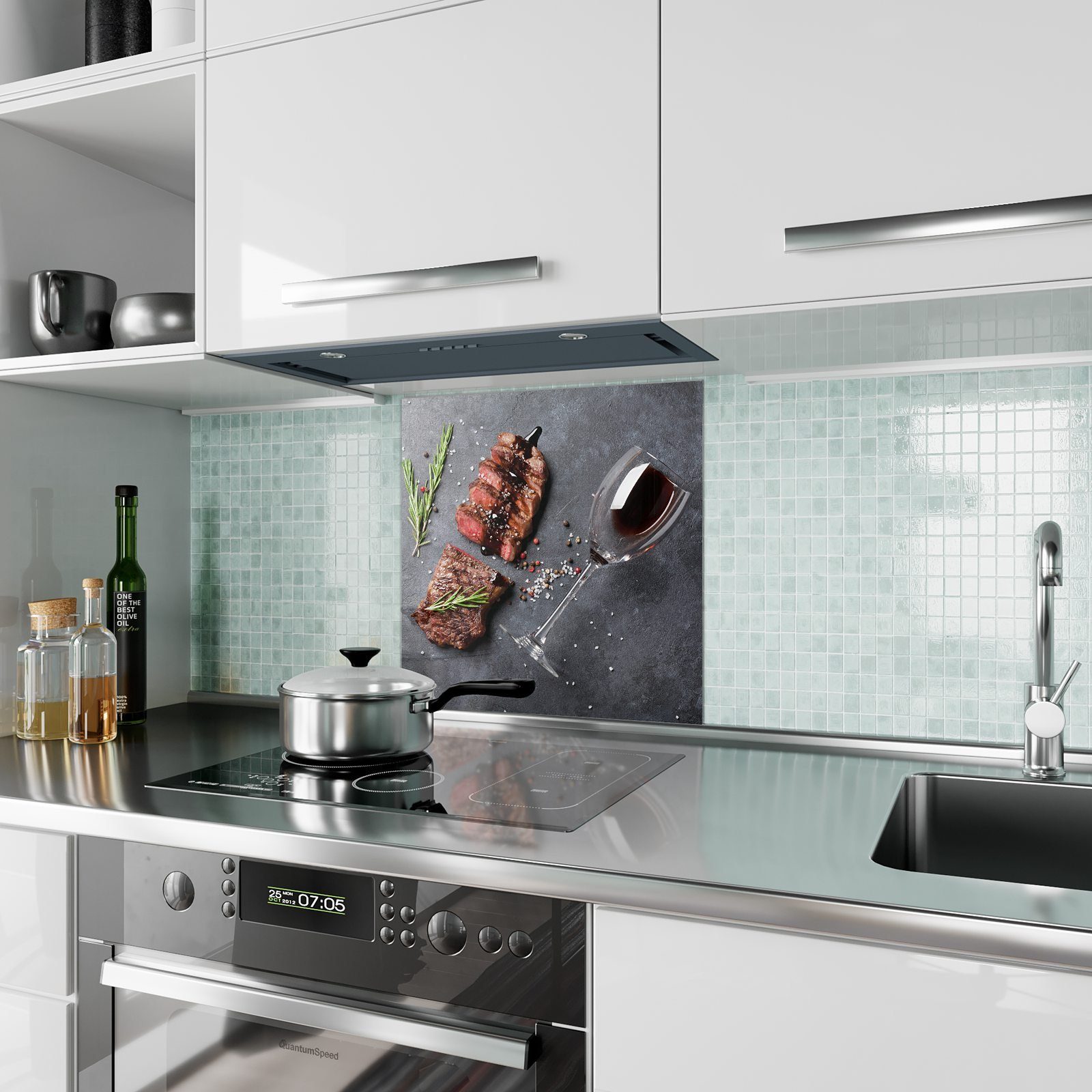 Primedeco Küchenrückwand Küchenrückwand Spritzschutz Glas mit Motiv Geschnittenes Rind mit Glas