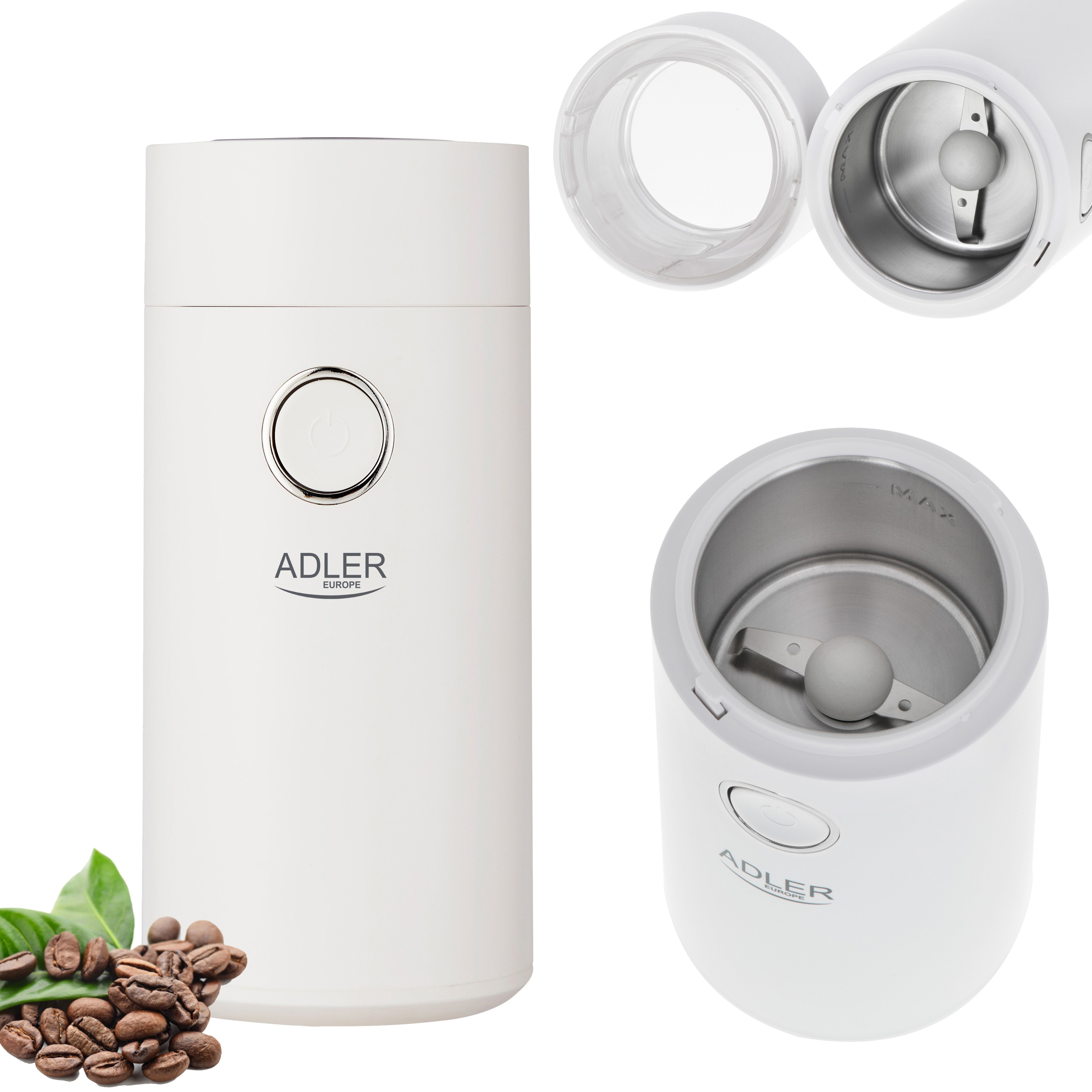JUNG Kaffeemühle ADLER AD4446WS Kaffeemühle elektrisch elektrische Kaffeebohnen Mühle, 150,00 W, Kegelmahlwerk, 75,00 g Bohnenbehälter, 75g Füllmenge Schlagmesser Edelstahl, Kaffee, Espresso Latte Mokkas
