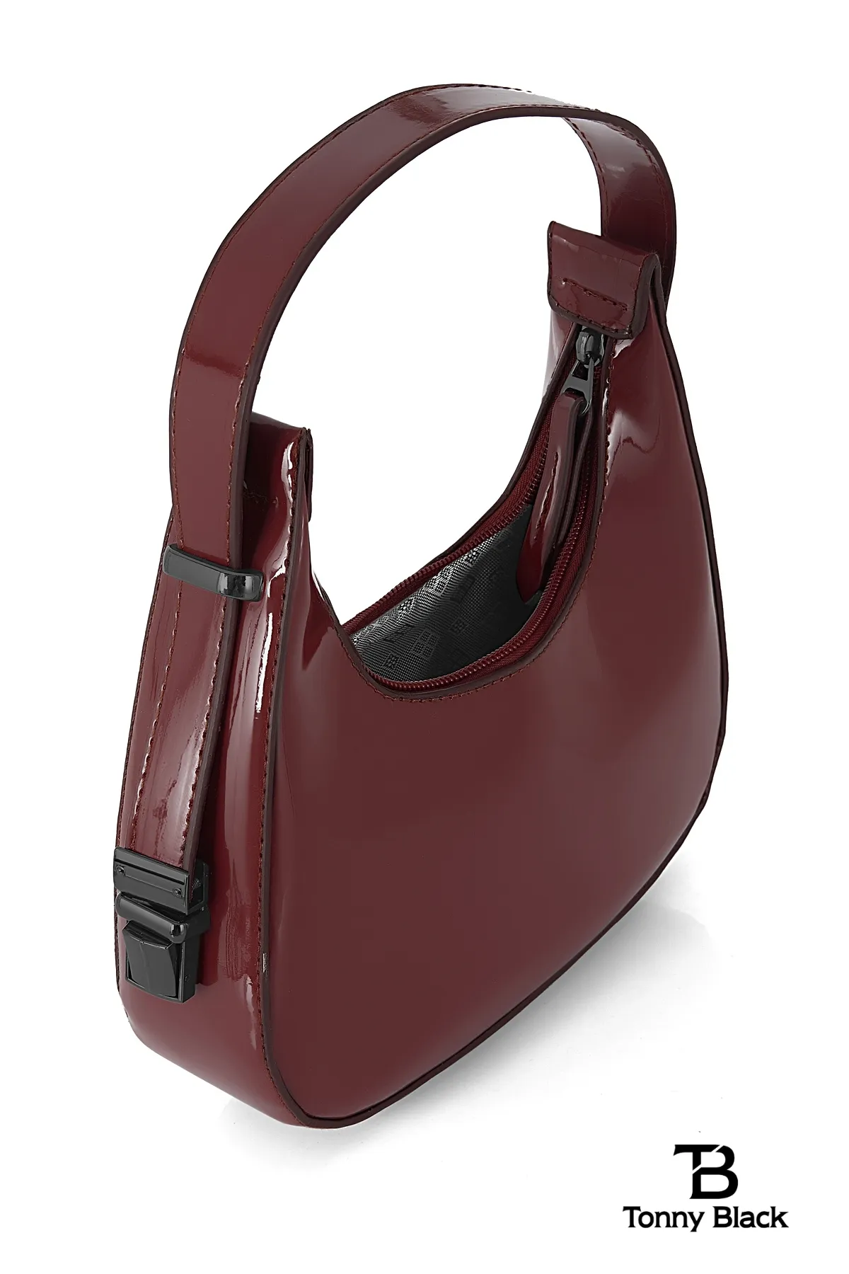 Tonny Black  Original Neue Saison Kirschrot Glänzendes Lackleder Baguette Modell Einäugig Stilvolle Handtasche und Schultertasche Weinrot
