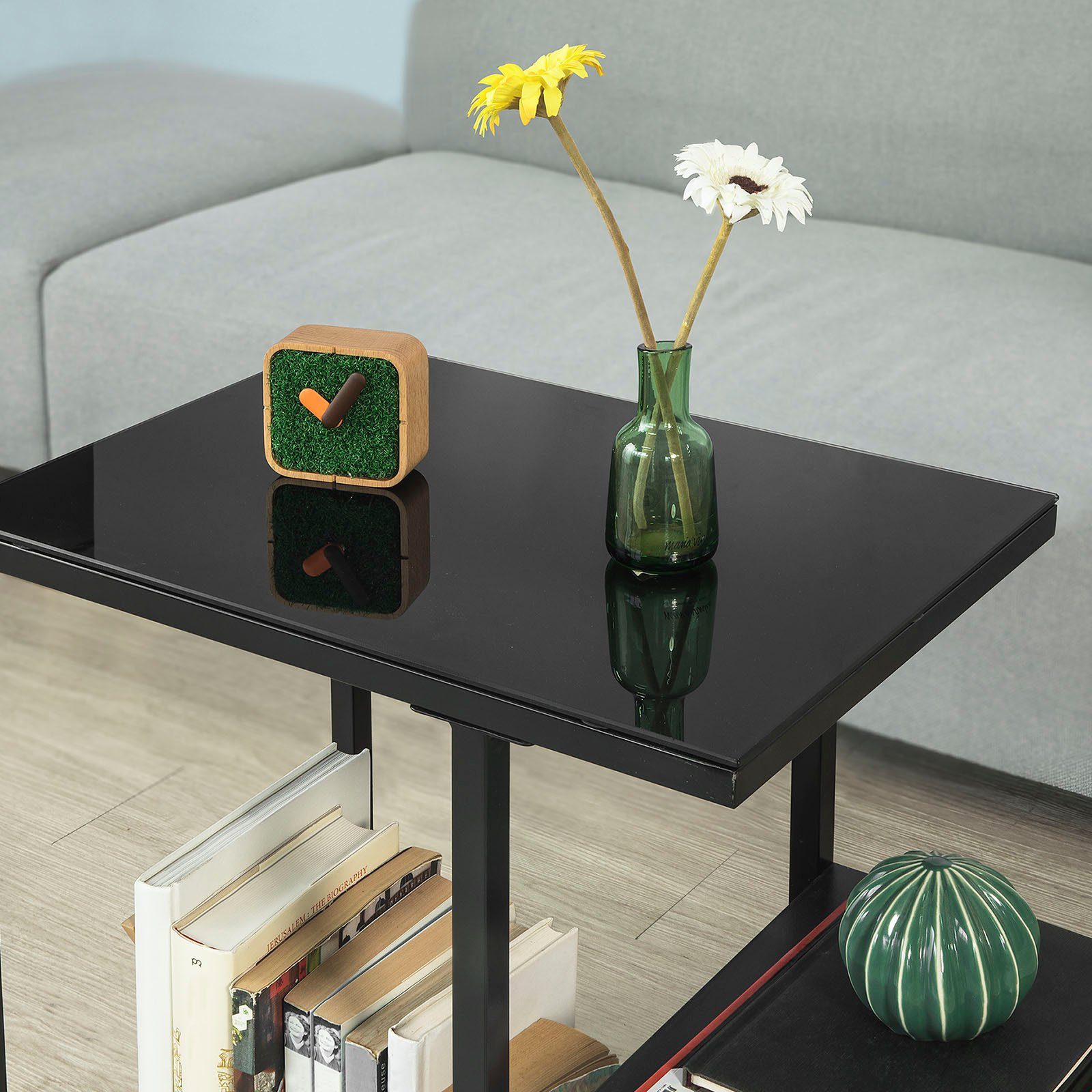 SoBuy Beistelltisch FBT65, mit Glasplatte Sofatisch Glastisch Couchtisch mit 3 Ablagen schwarz